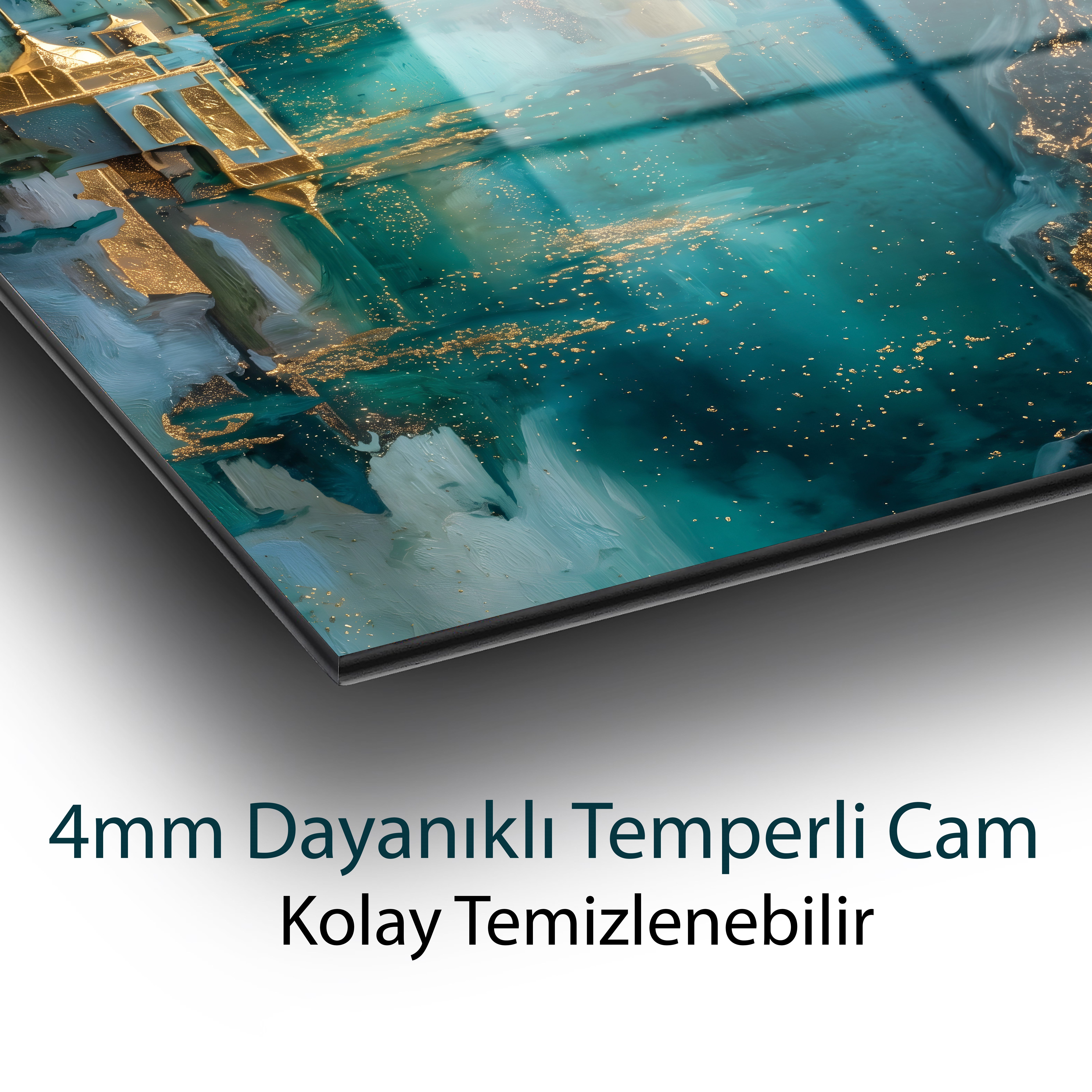 Altın Kubbeli Şehir Temperli Cam Tablo | Turkuaz İslami Mimari Sanatı | Lüks Modern Duvar Dekoru | Premium Cam Tablo