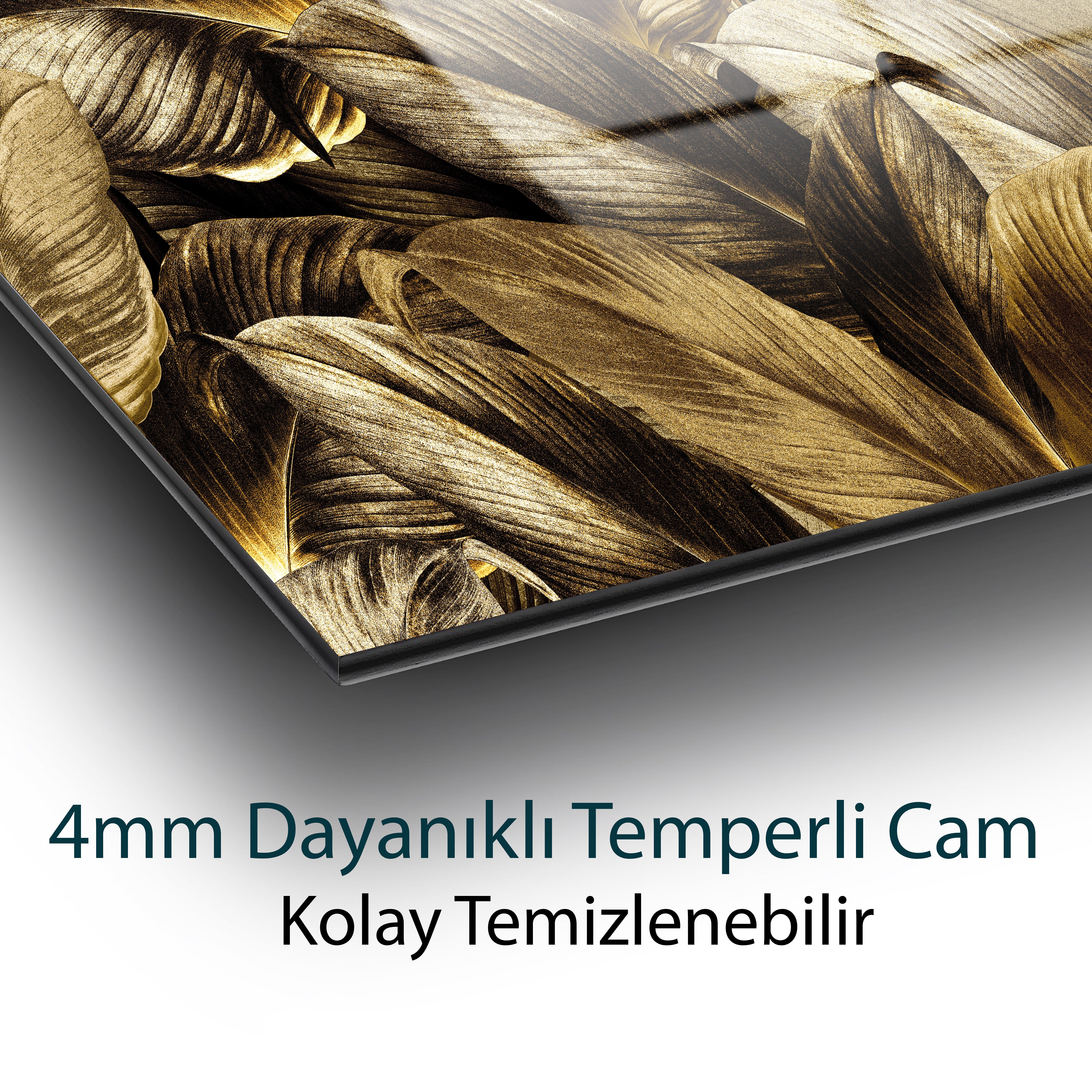 Altın Yapraklar Cam Tablo Hediyelik Büyük Tablo Ev Ofis Dekoru