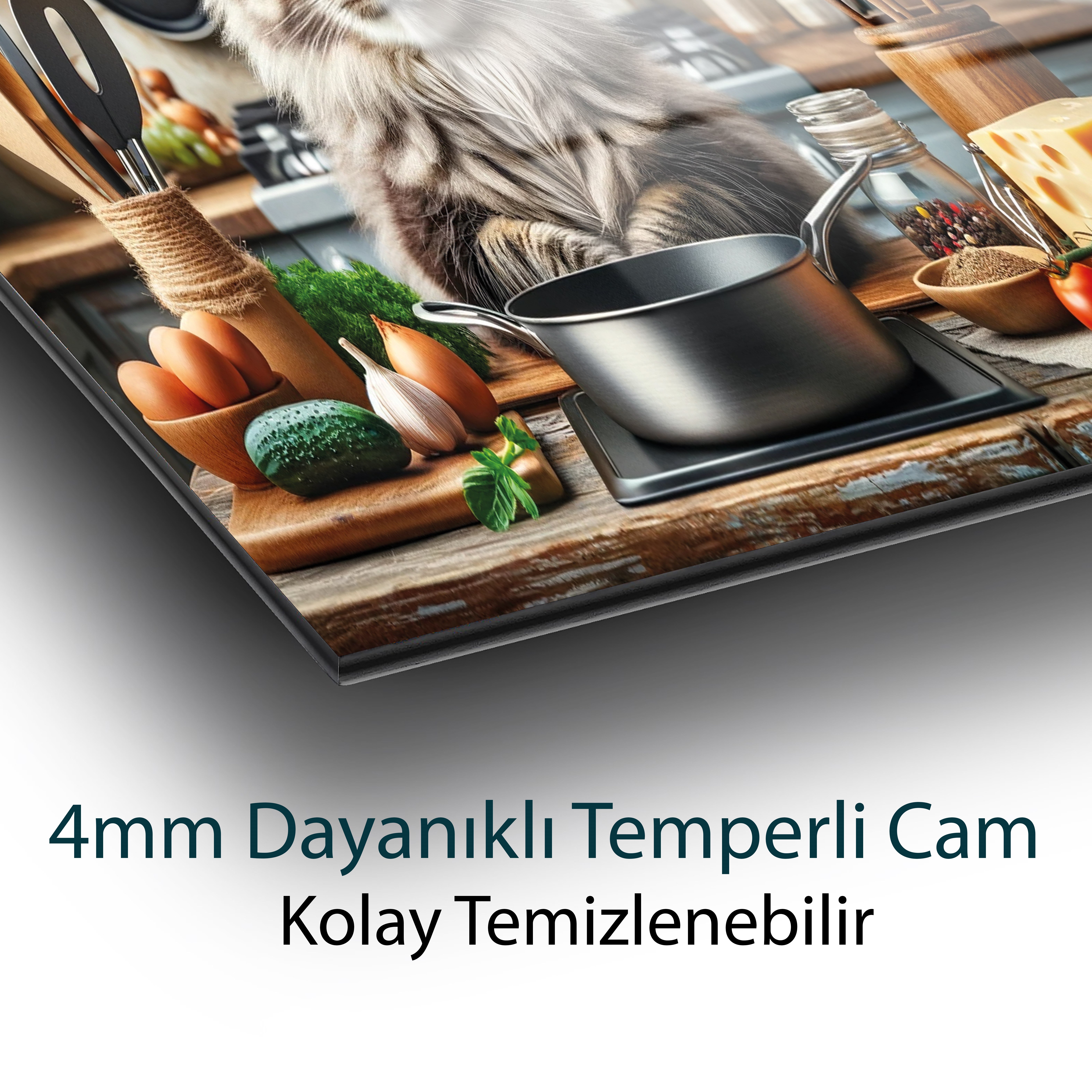Aşçı Kedi Cam Tablo | Eğlenceli Kedi Mutfak Dekoru | 4 mm Temperli Cam Duvar Tablosu