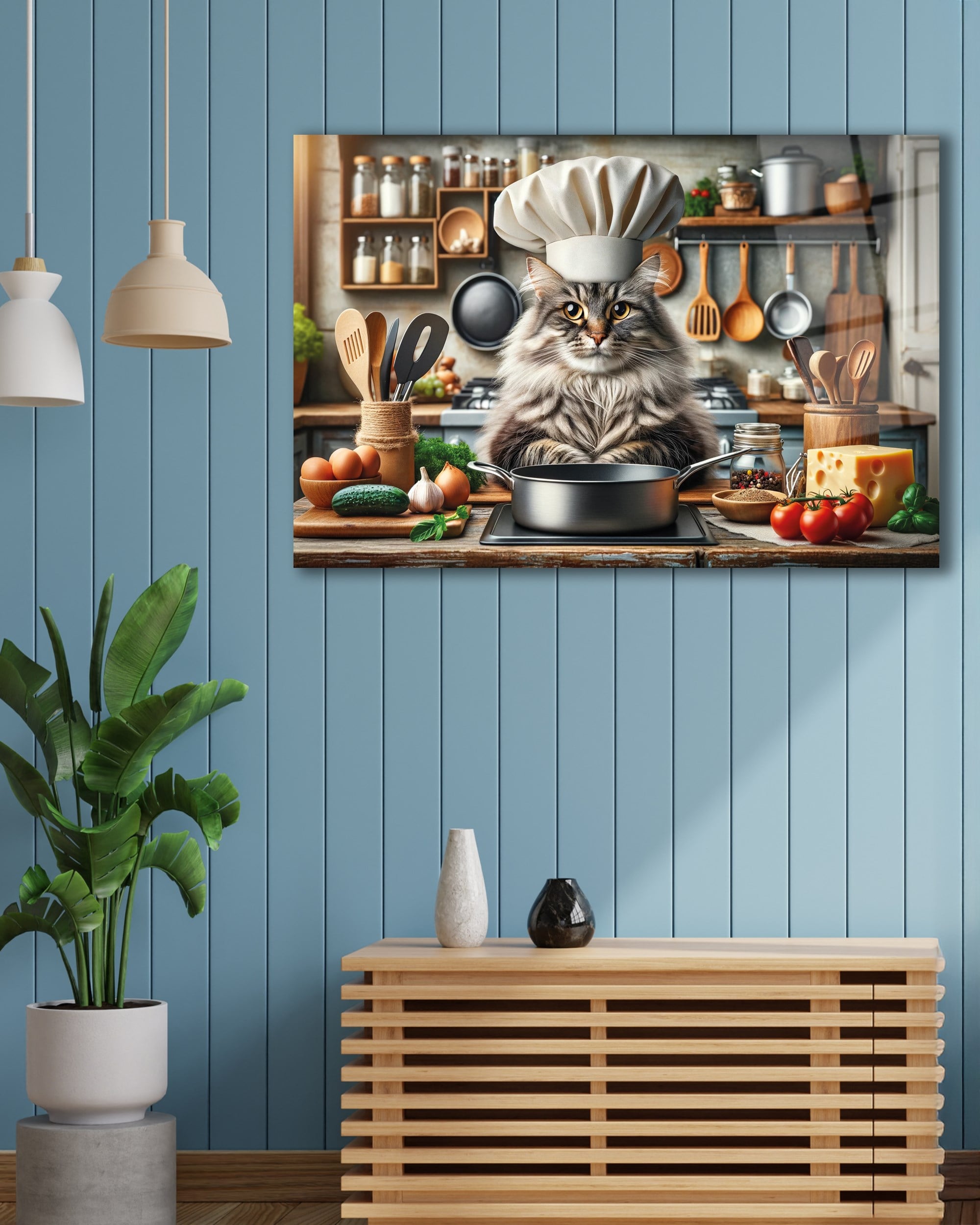 Aşçı Kedi Cam Tablo | Eğlenceli Kedi Mutfak Dekoru | 4 mm Temperli Cam Duvar Tablosu