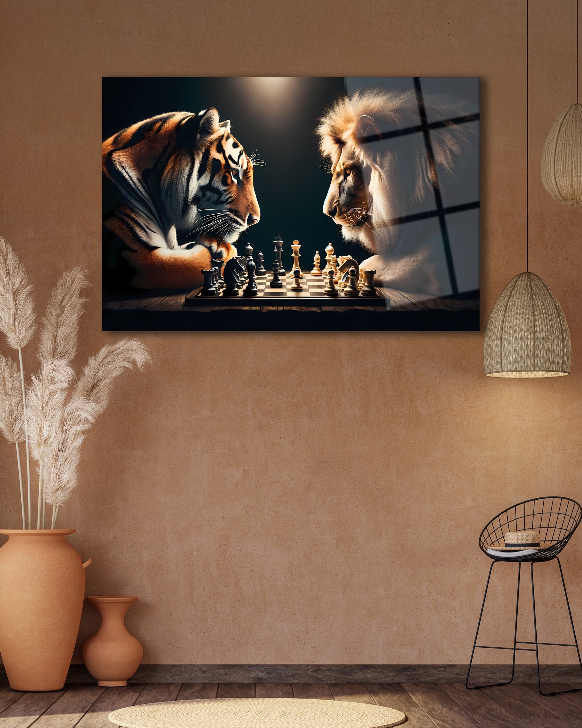 Aslan ve Kaplan Satranç Cam Tablo | Güç ve Strateji Temalı Temperli Cam Duvar Tablosu | 4 mm Dekoratif Cam Tablo