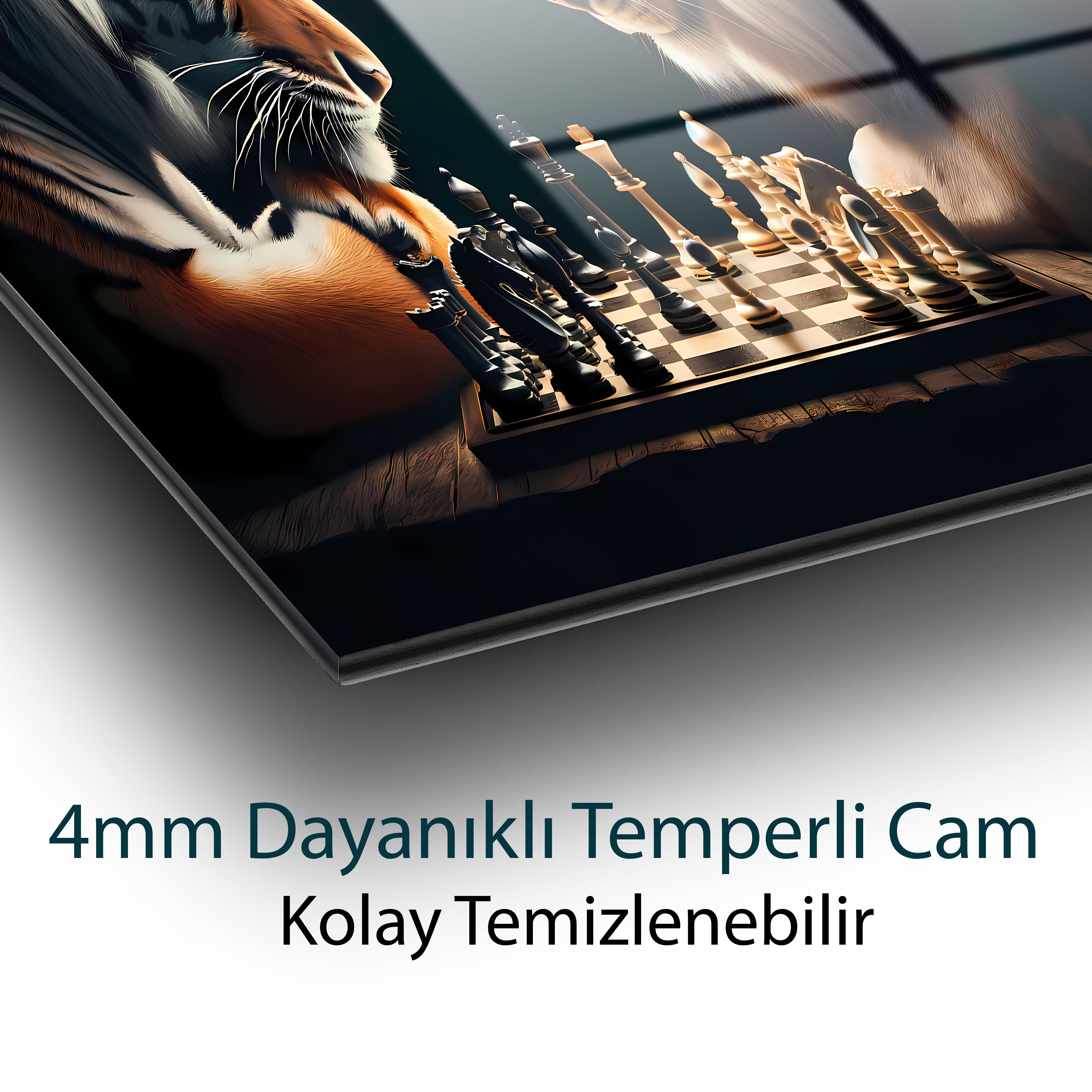 Aslan ve Kaplan Satranç Cam Tablo | Güç ve Strateji Temalı Temperli Cam Duvar Tablosu | 4 mm Dekoratif Cam Tablo