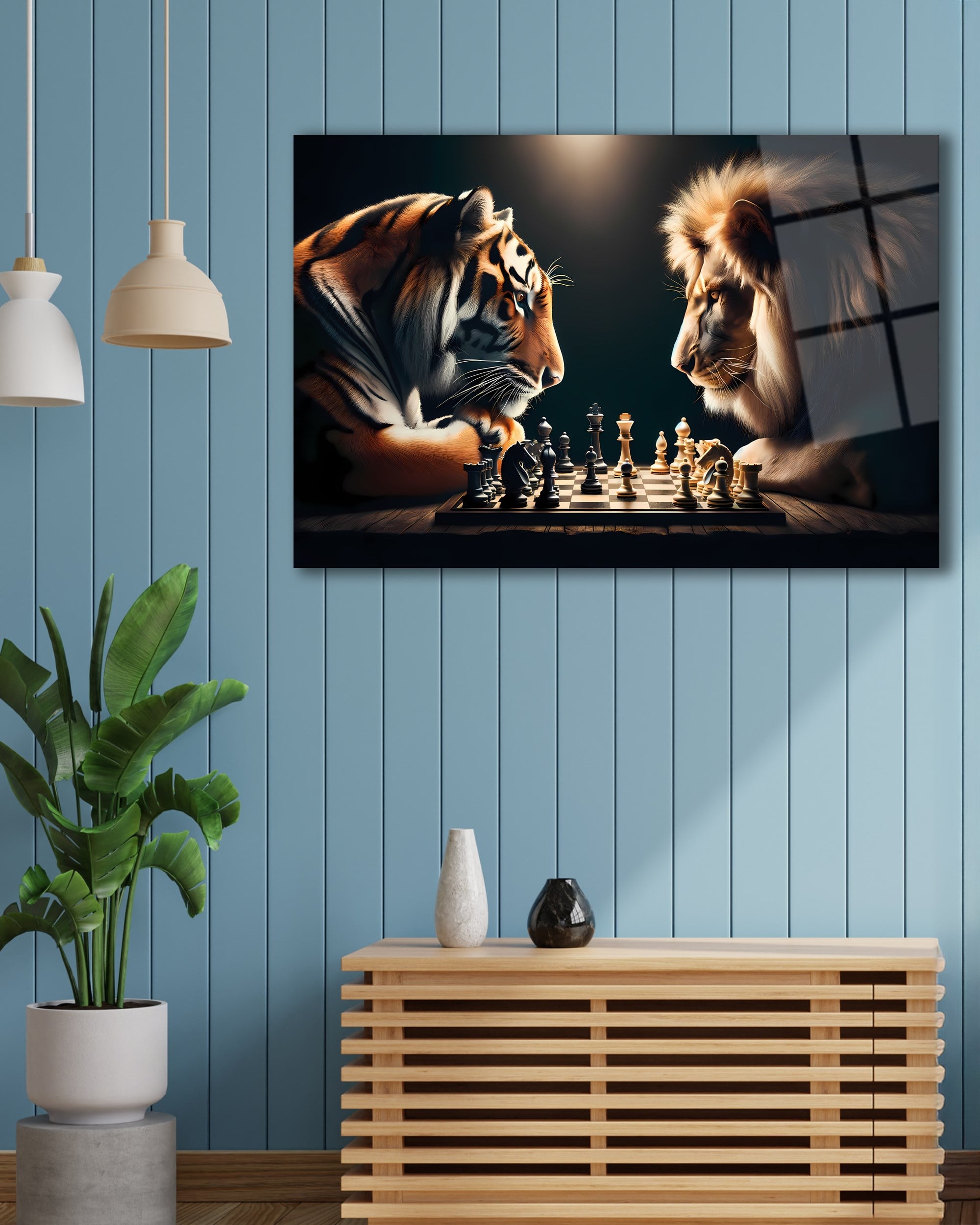 Aslan ve Kaplan Satranç Cam Tablo | Güç ve Strateji Temalı Temperli Cam Duvar Tablosu | 4 mm Dekoratif Cam Tablo