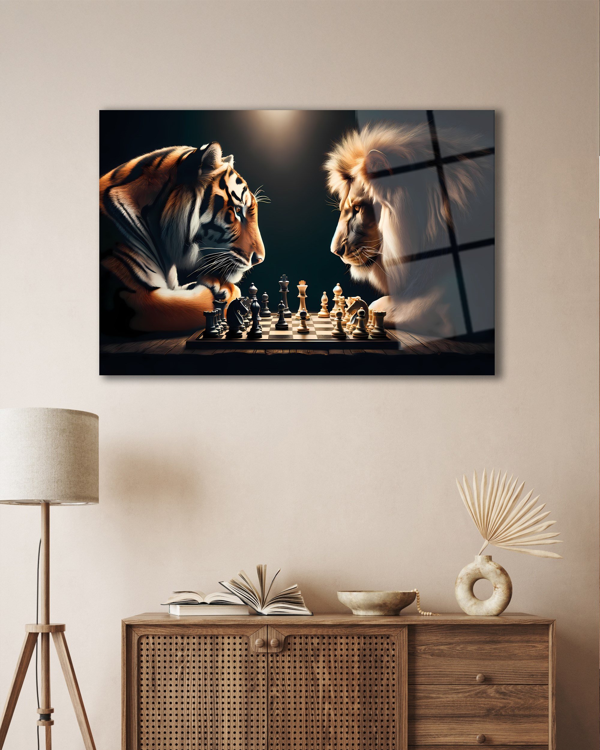 Aslan ve Kaplan Satranç Cam Tablo | Güç ve Strateji Temalı Temperli Cam Duvar Tablosu | 4 mm Dekoratif Cam Tablo