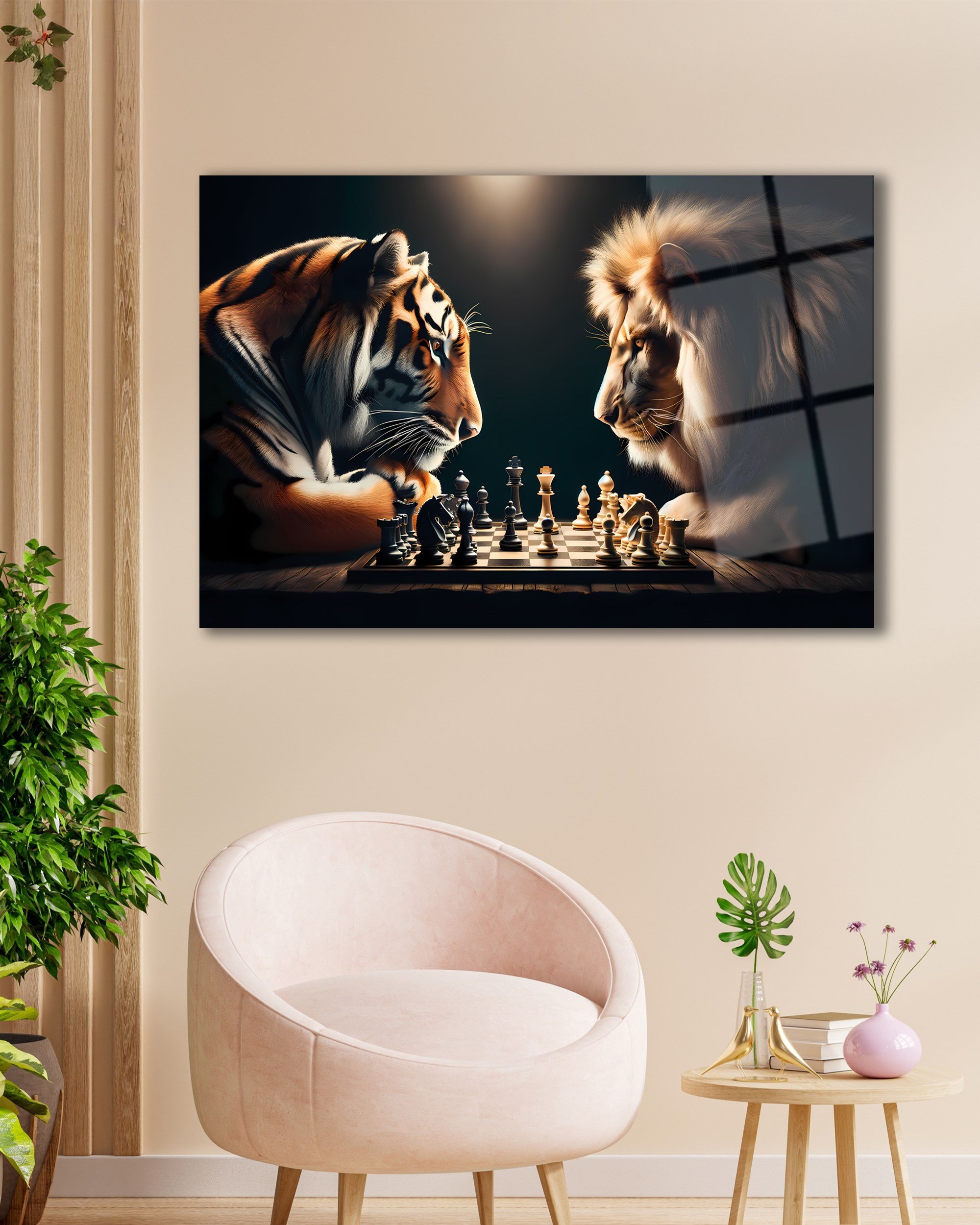Aslan ve Kaplan Satranç Cam Tablo | Güç ve Strateji Temalı Temperli Cam Duvar Tablosu | 4 mm Dekoratif Cam Tablo