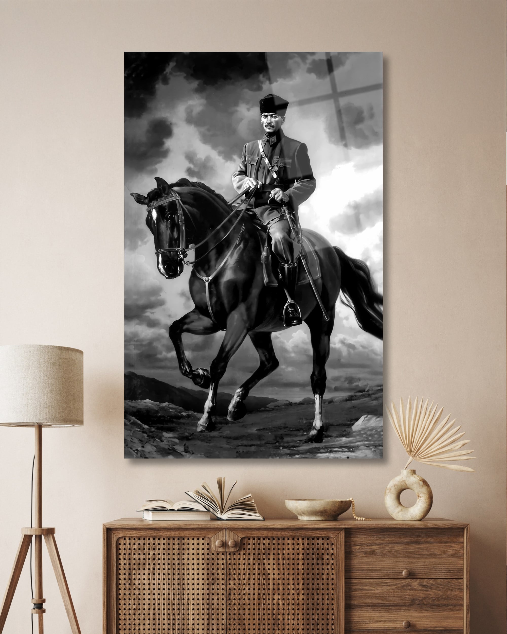 Atatürk At Üzerinde Dikey Cam Tablo Hediyelik Büyük Tablo Ev Ofis Dekoru