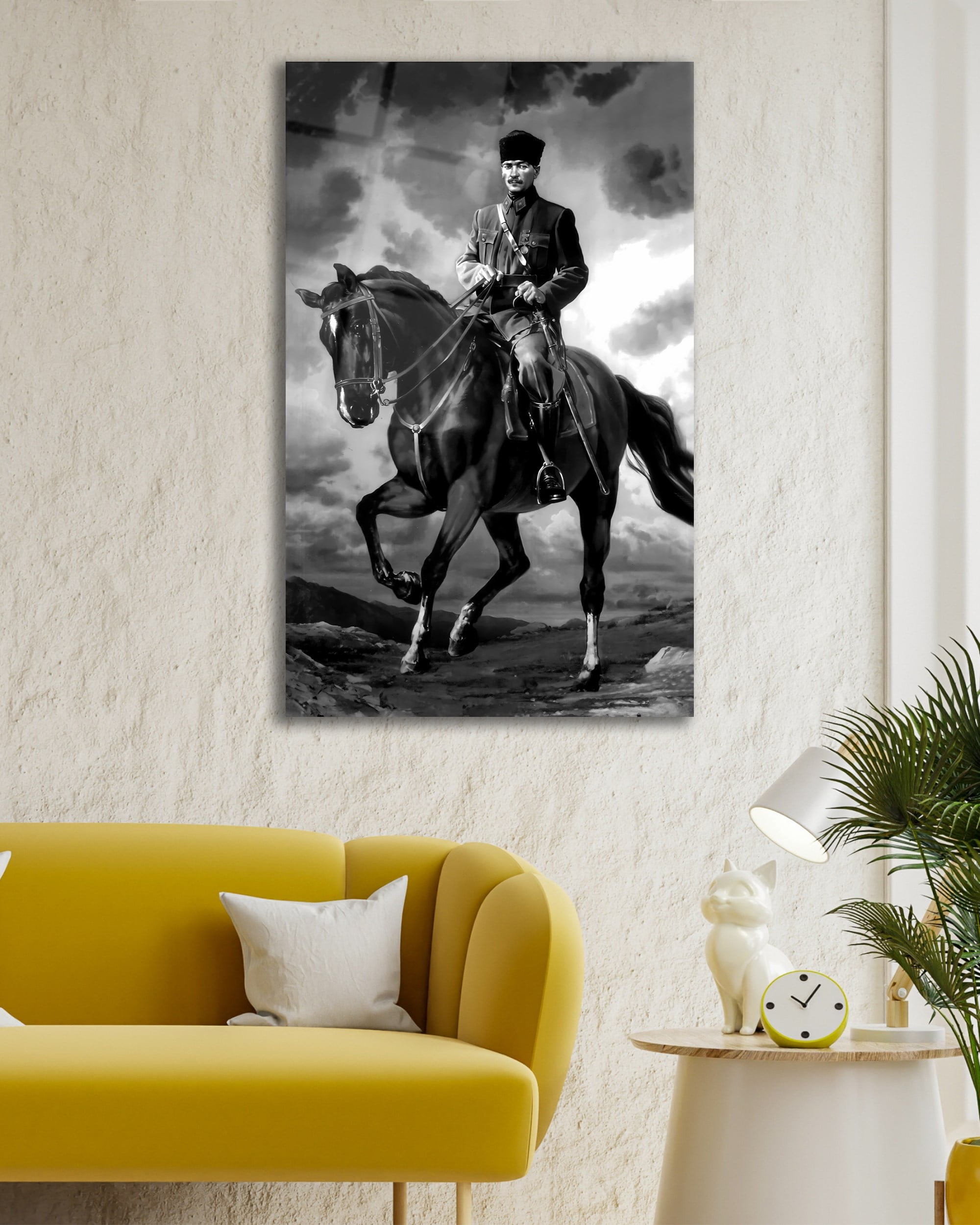 Atatürk At Üzerinde Dikey Cam Tablo Hediyelik Büyük Tablo Ev Ofis Dekoru