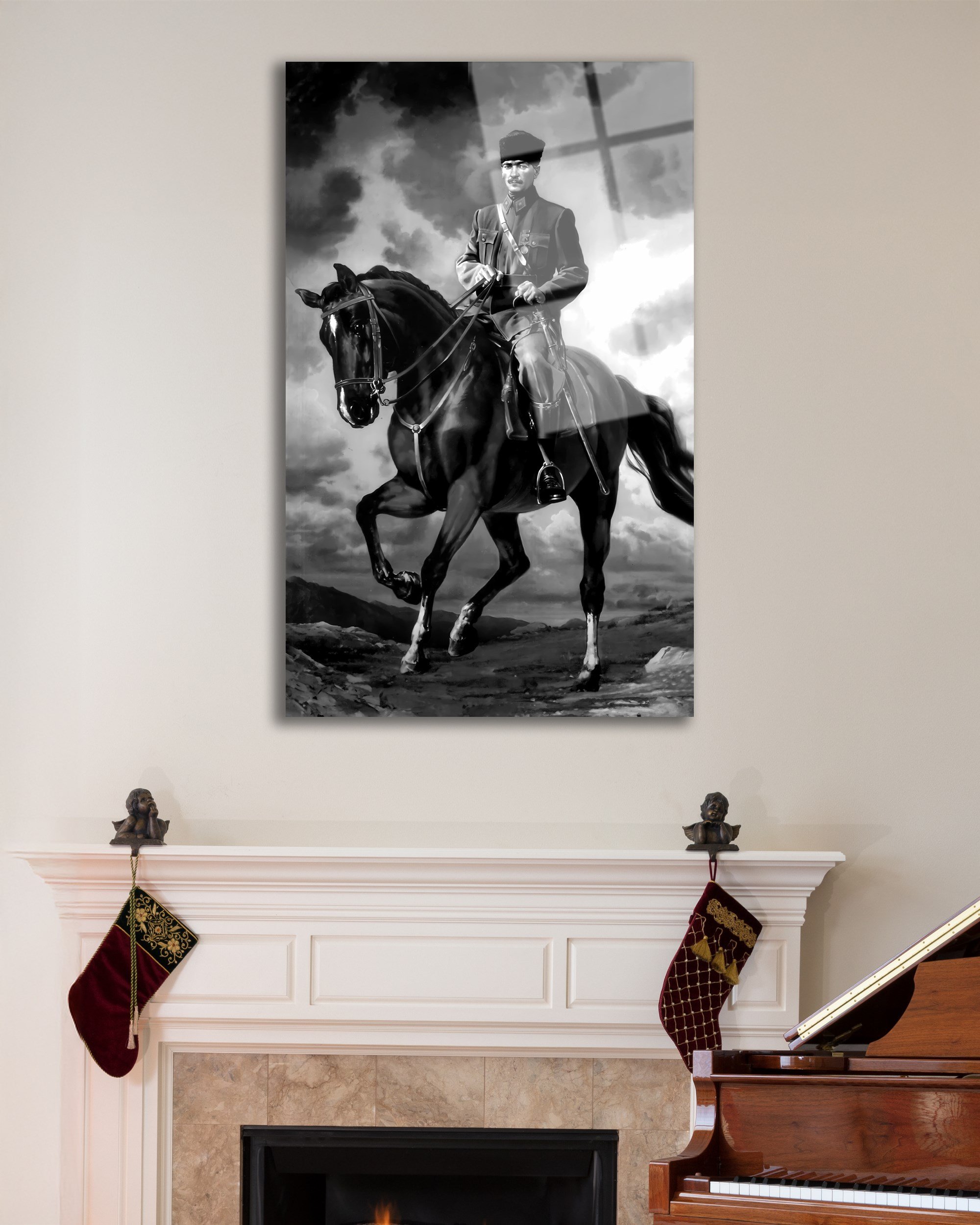 Atatürk At Üzerinde Dikey Cam Tablo Hediyelik Büyük Tablo Ev Ofis Dekoru