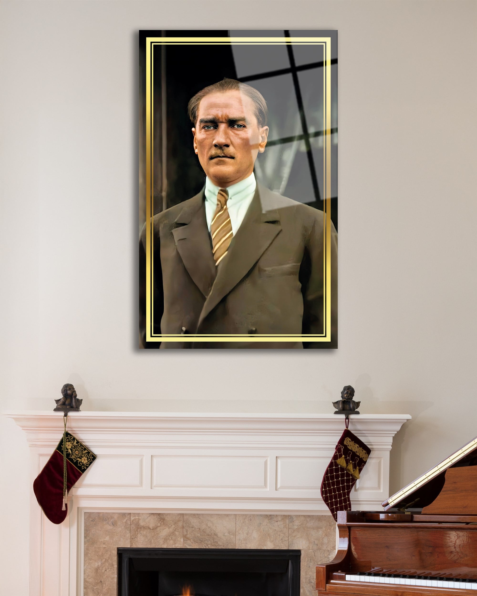 Atatürk Portre Cam Tablo Hediyelik Büyük Tablo Ev Ofis Dekoru