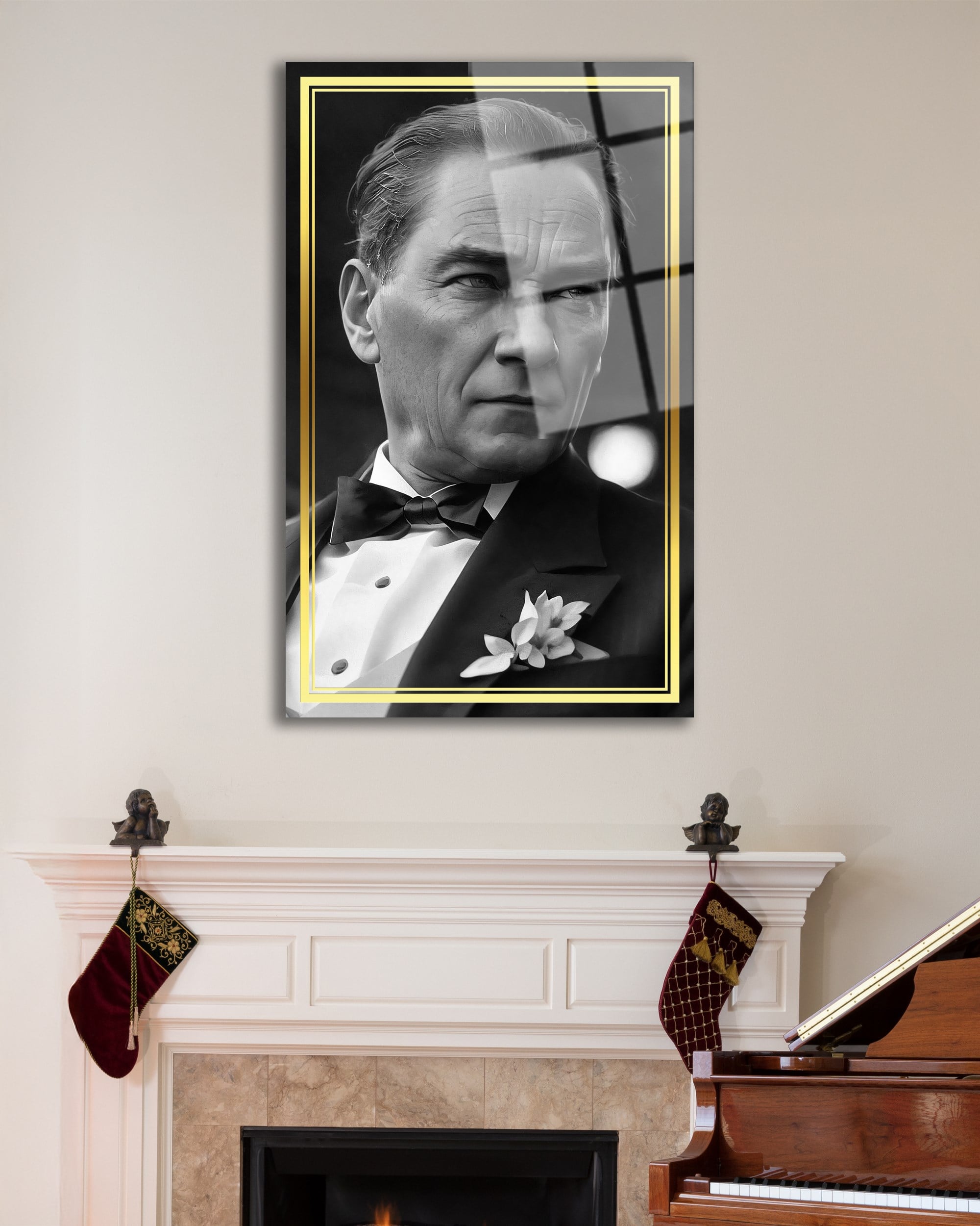 Atatürk Portre Dikey Cam Tablo Hediyelik Büyük Tablo Ev Ofis Dekoru