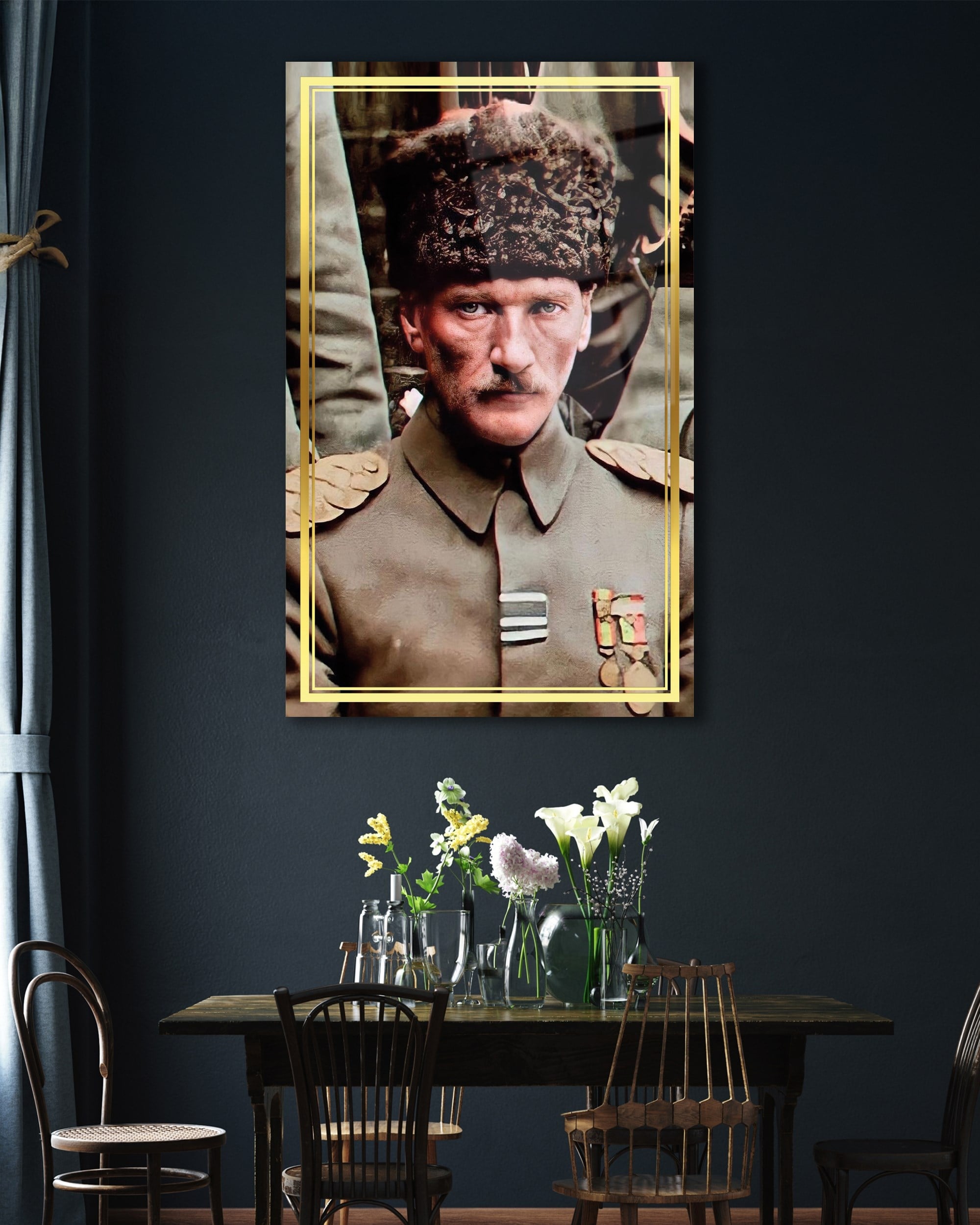 Atatürk Portre Dikey Cam Tablo Hediyelik Büyük Tablo Ev Ofis Dekoru