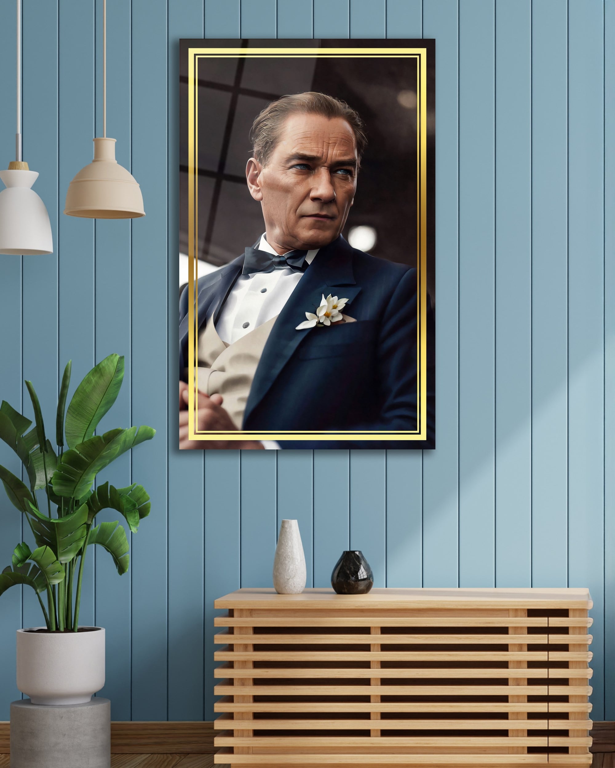 Atatürk Portre Dikey Cam Tablo Hediyelik Büyük Tablo Ev Ofis Dekoru