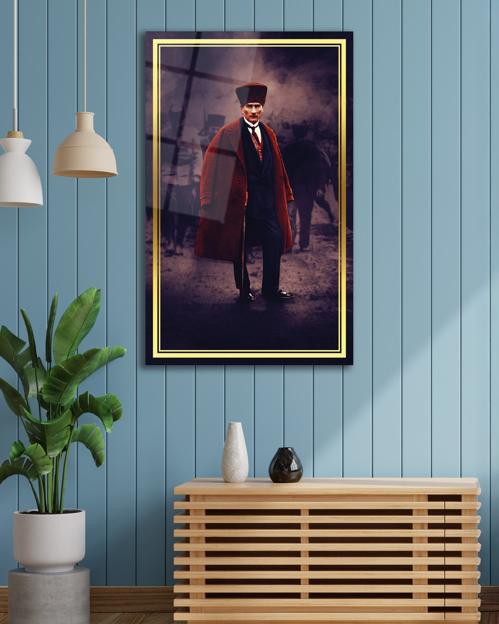 Atatürk Portre Dikey Cam Tablo Hediyelik Büyük Tablo Ev Ofis Dekoru