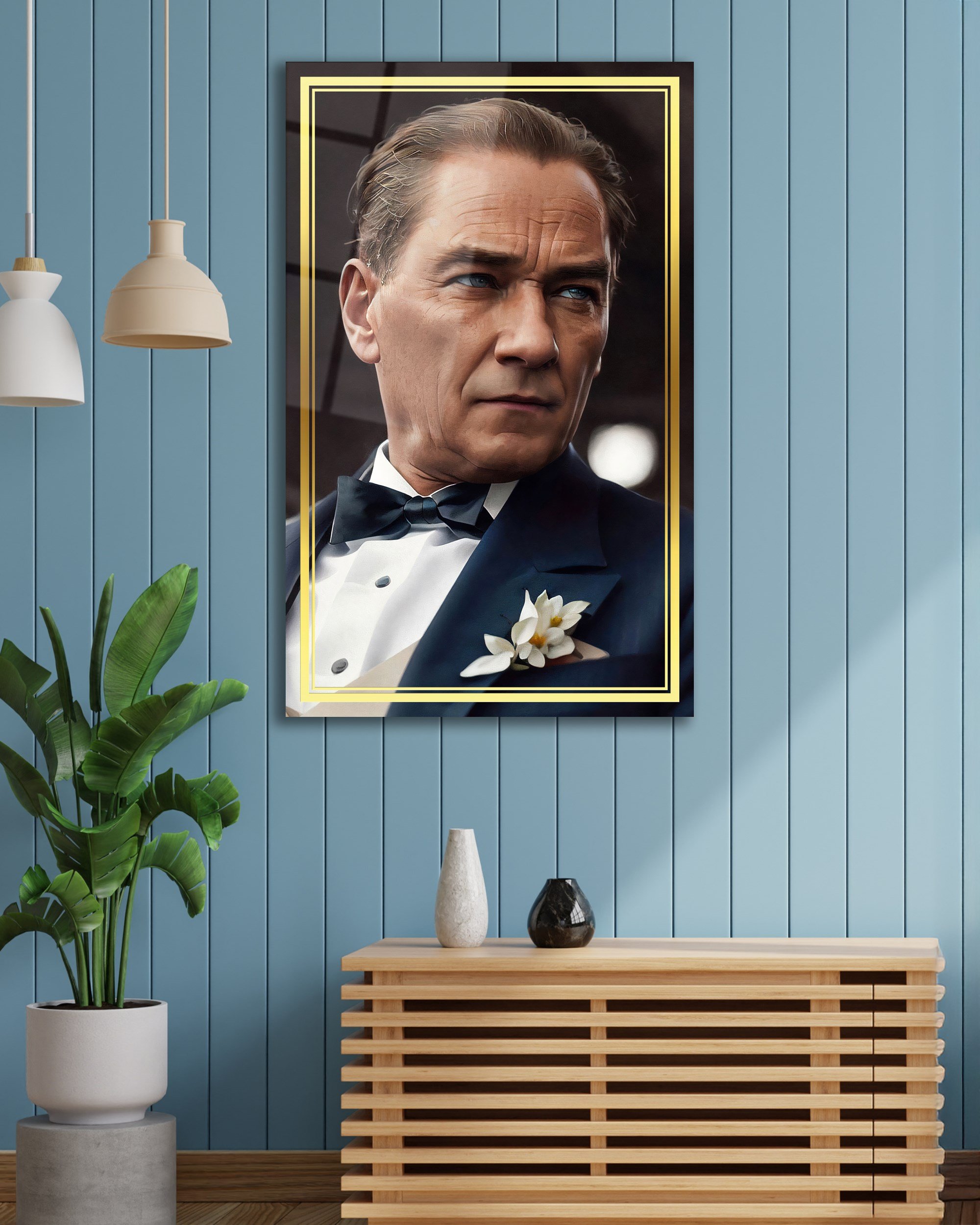 Atatürk Portre Dikey Cam Tablo Hediyelik Büyük Tablo Ev Ofis Dekoru