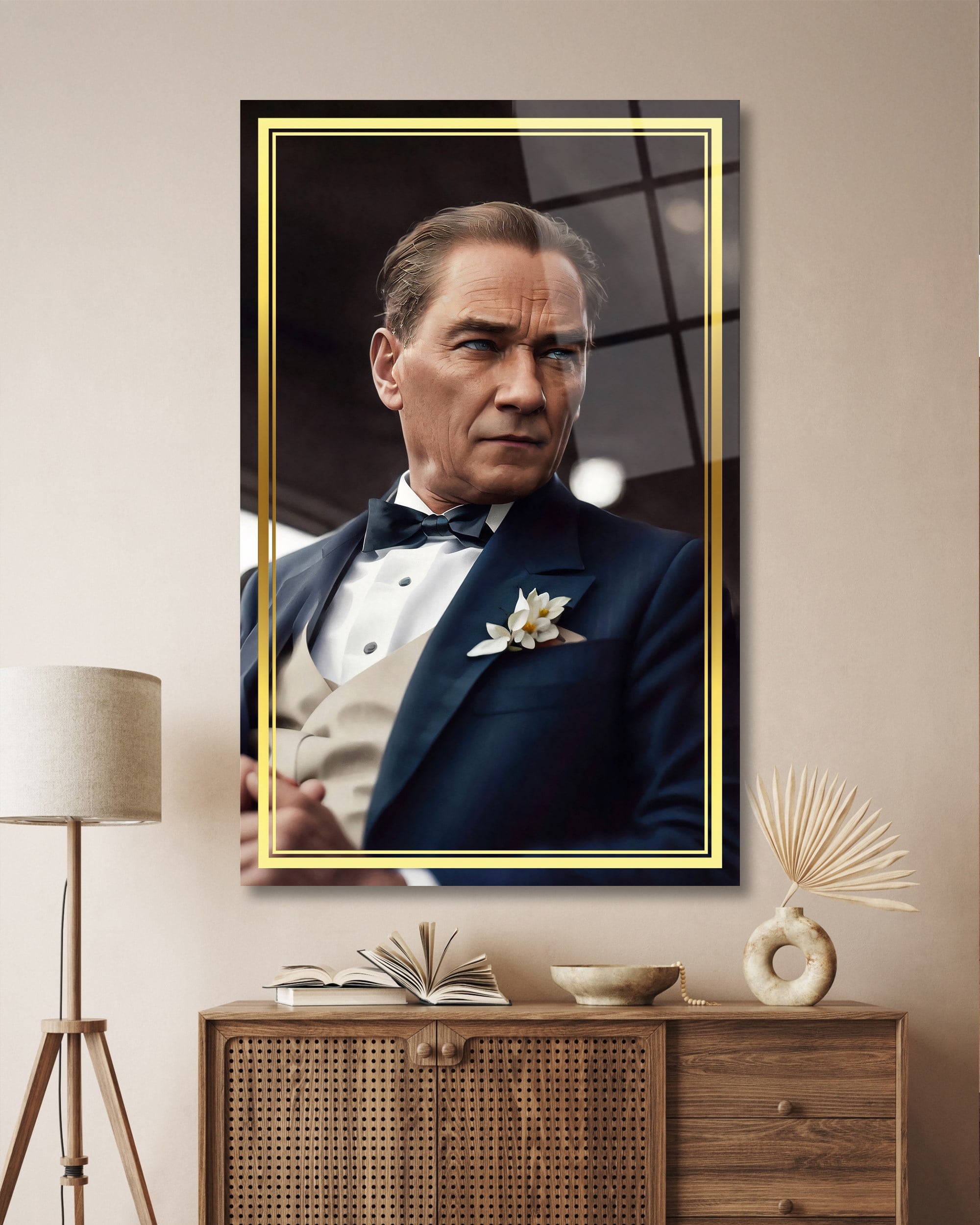Atatürk Portre Dikey Cam Tablo Hediyelik Büyük Tablo Ev Ofis Dekoru