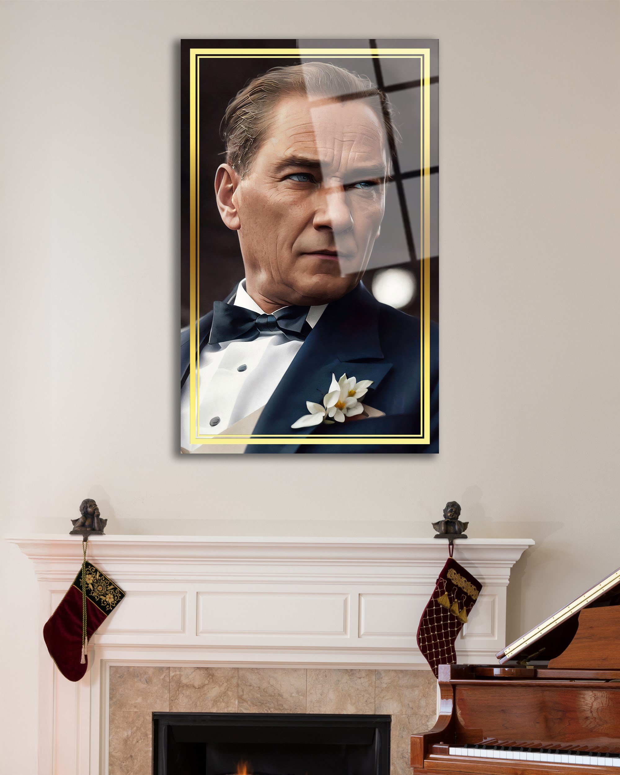 Atatürk Portre Dikey Cam Tablo Hediyelik Büyük Tablo Ev Ofis Dekoru