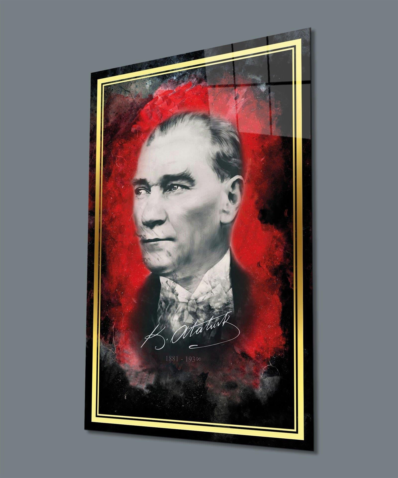 Atatürk Portre Dikey Cam Tablo Hediyelik Büyük Tablo Ev Ofis Dekoru