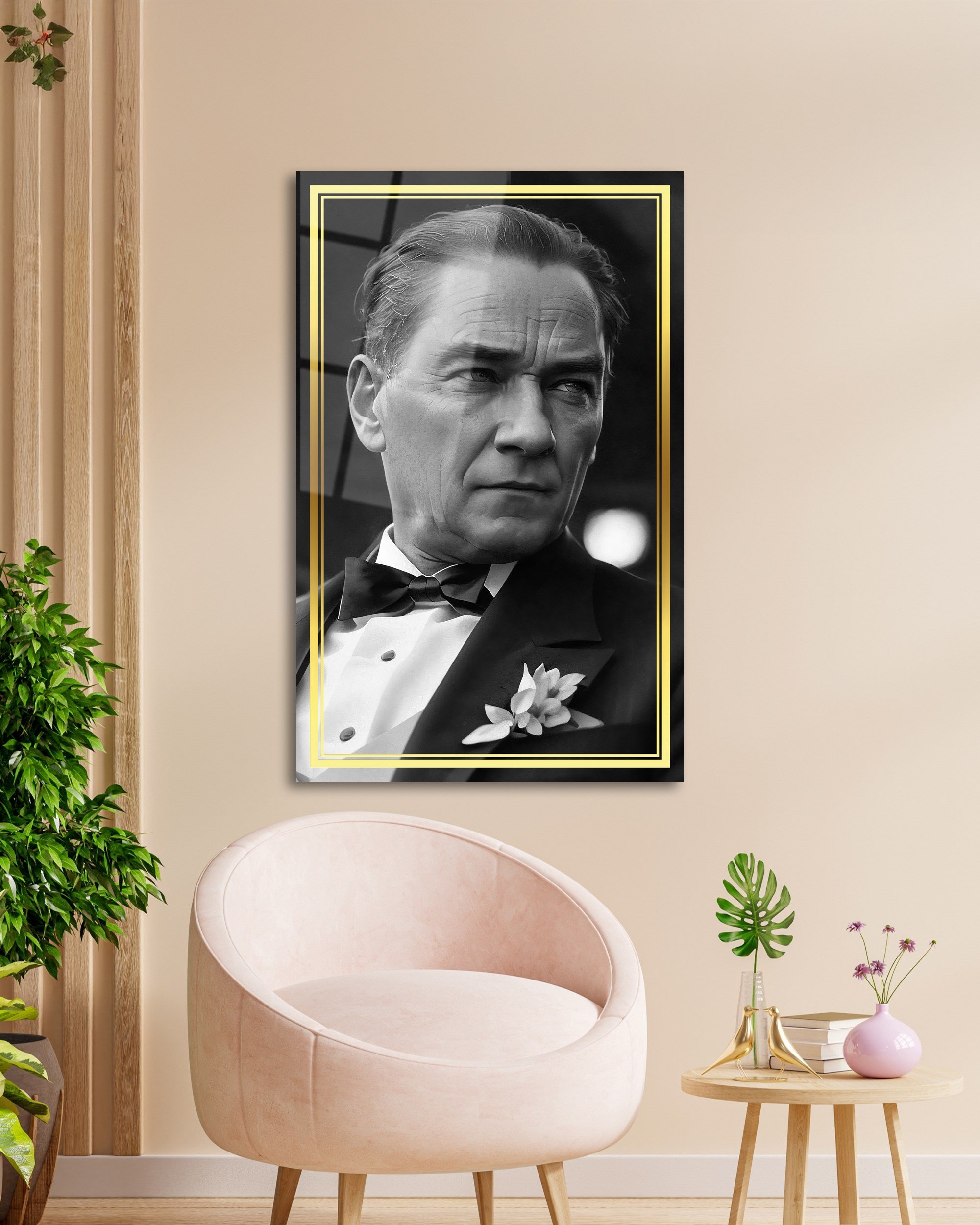 Atatürk Portre Dikey Cam Tablo Hediyelik Büyük Tablo Ev Ofis Dekoru