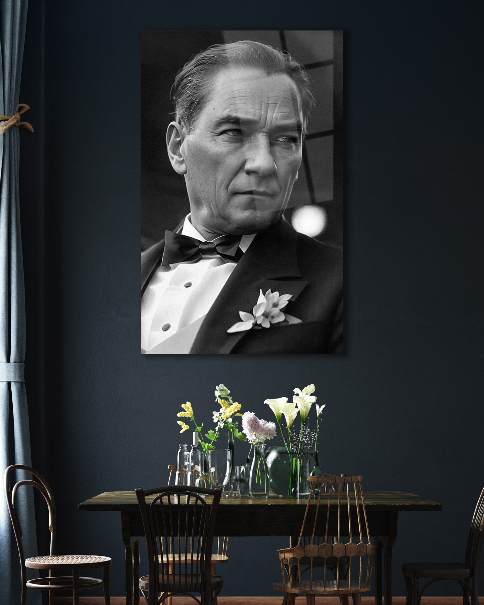 Atatürk Portre Dikey Cam Tablo Hediyelik Büyük Tablo Ev Ofis Dekoru