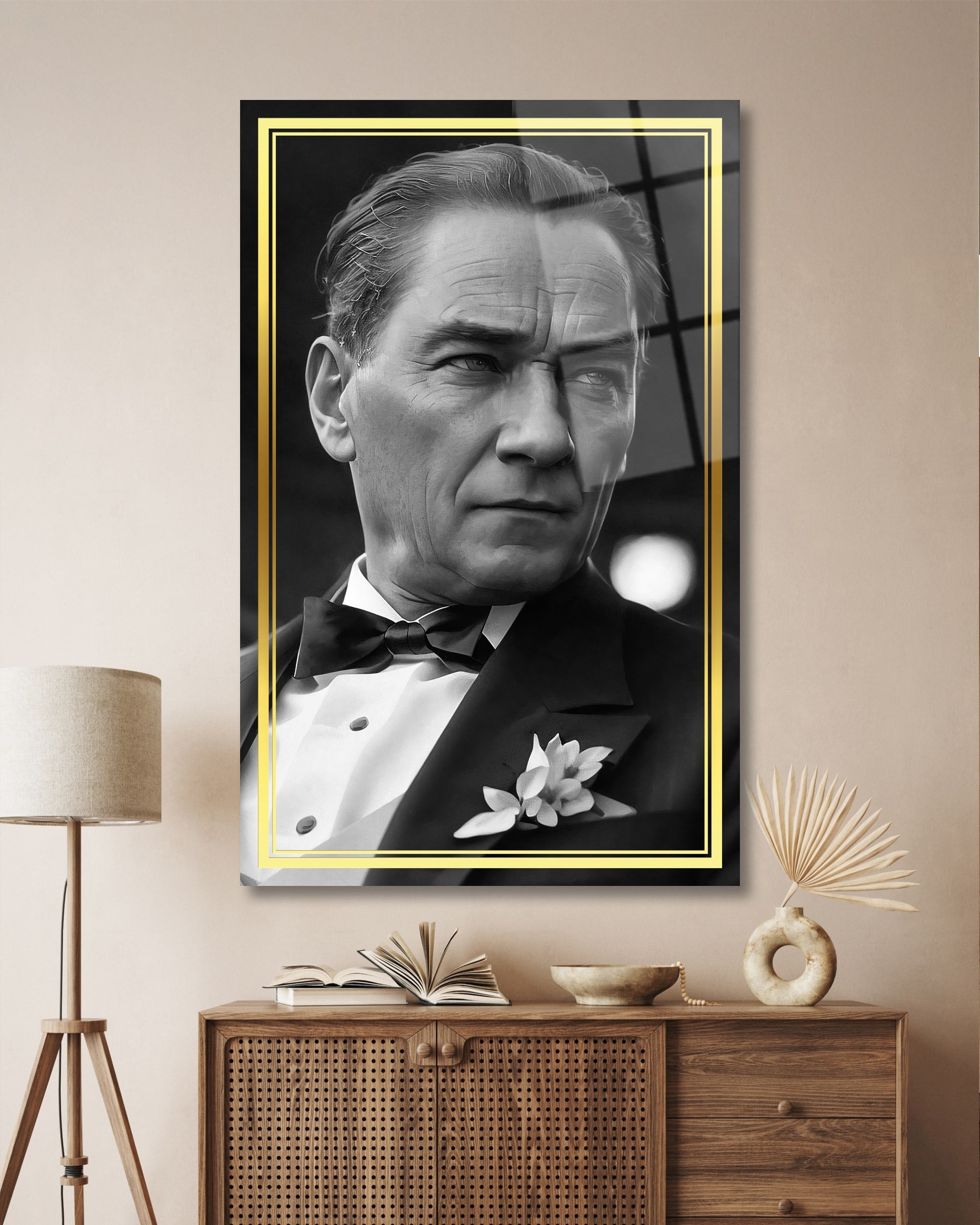 Atatürk Portre Dikey Cam Tablo Hediyelik Büyük Tablo Ev Ofis Dekoru