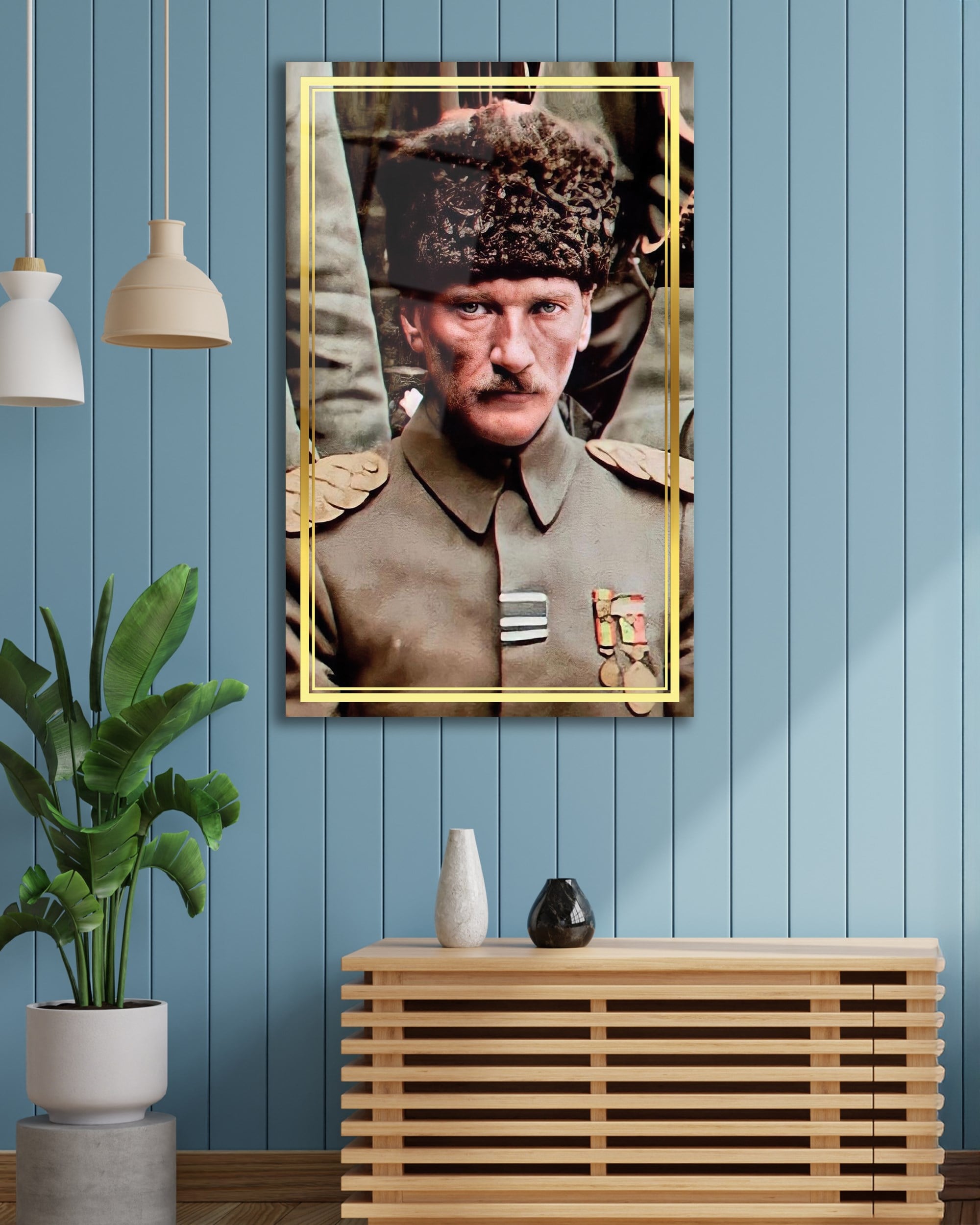 Atatürk Portre Dikey Cam Tablo Hediyelik Büyük Tablo Ev Ofis Dekoru