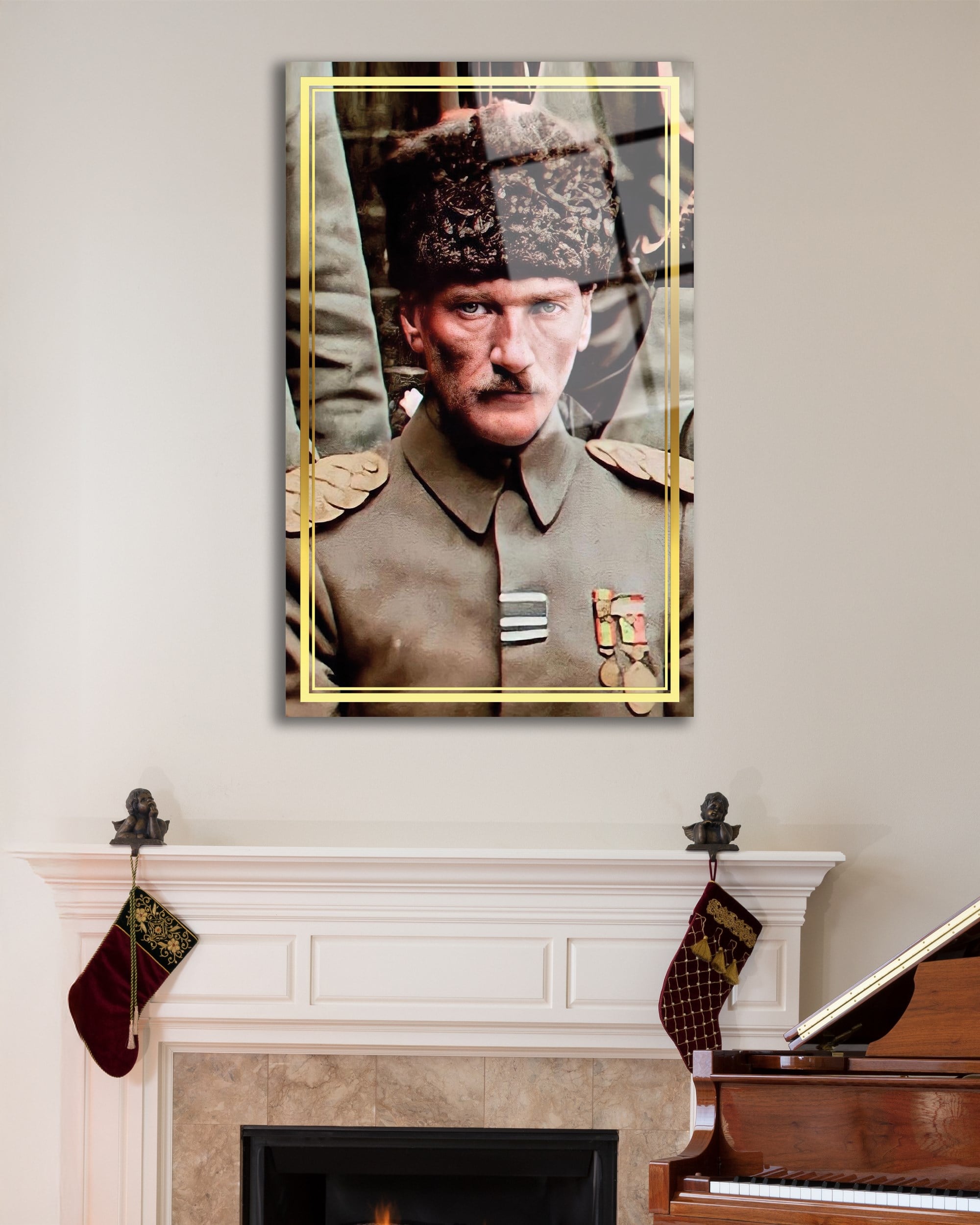 Atatürk Portre Dikey Cam Tablo Hediyelik Büyük Tablo Ev Ofis Dekoru