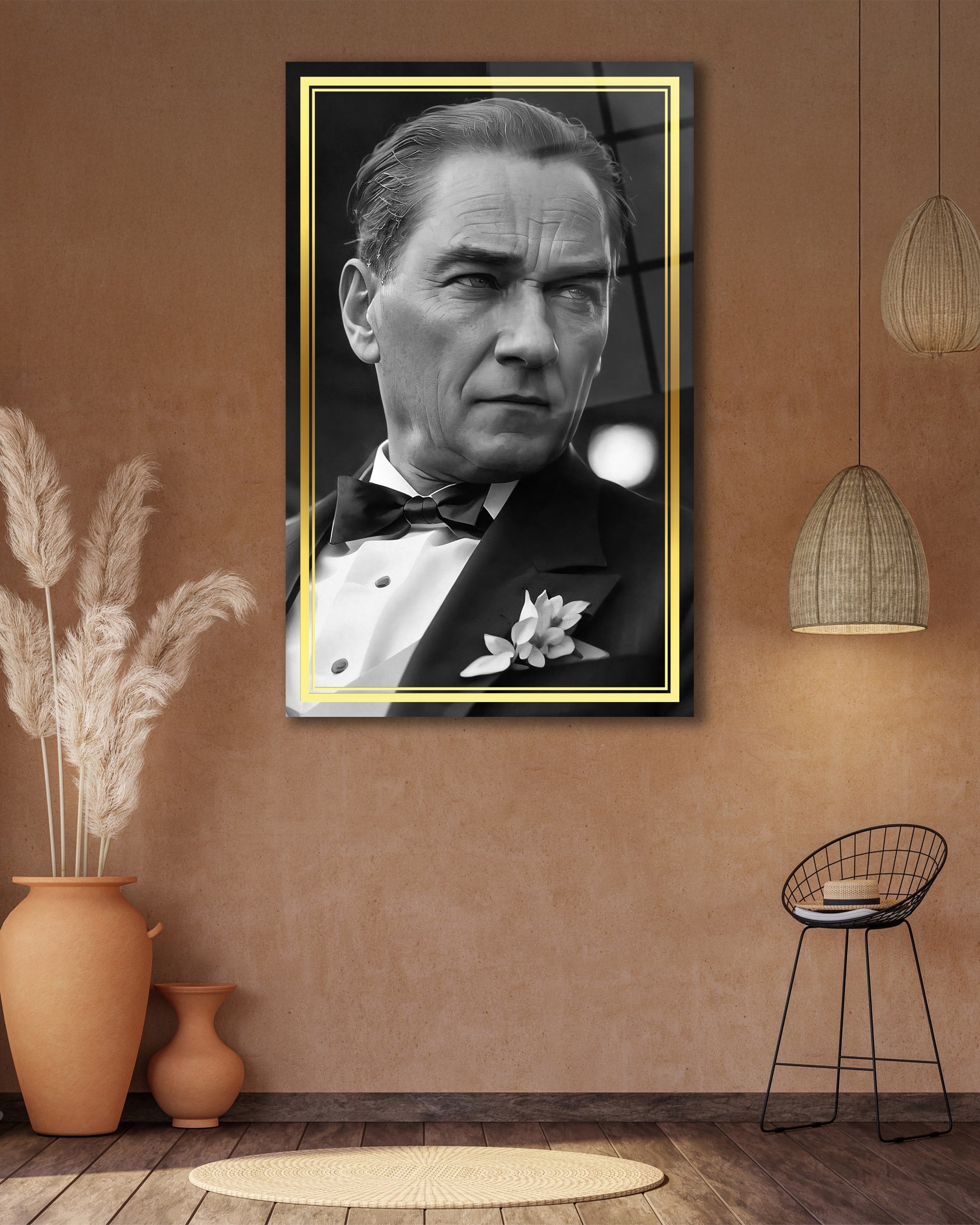 Atatürk Portre Dikey Cam Tablo Hediyelik Büyük Tablo Ev Ofis Dekoru