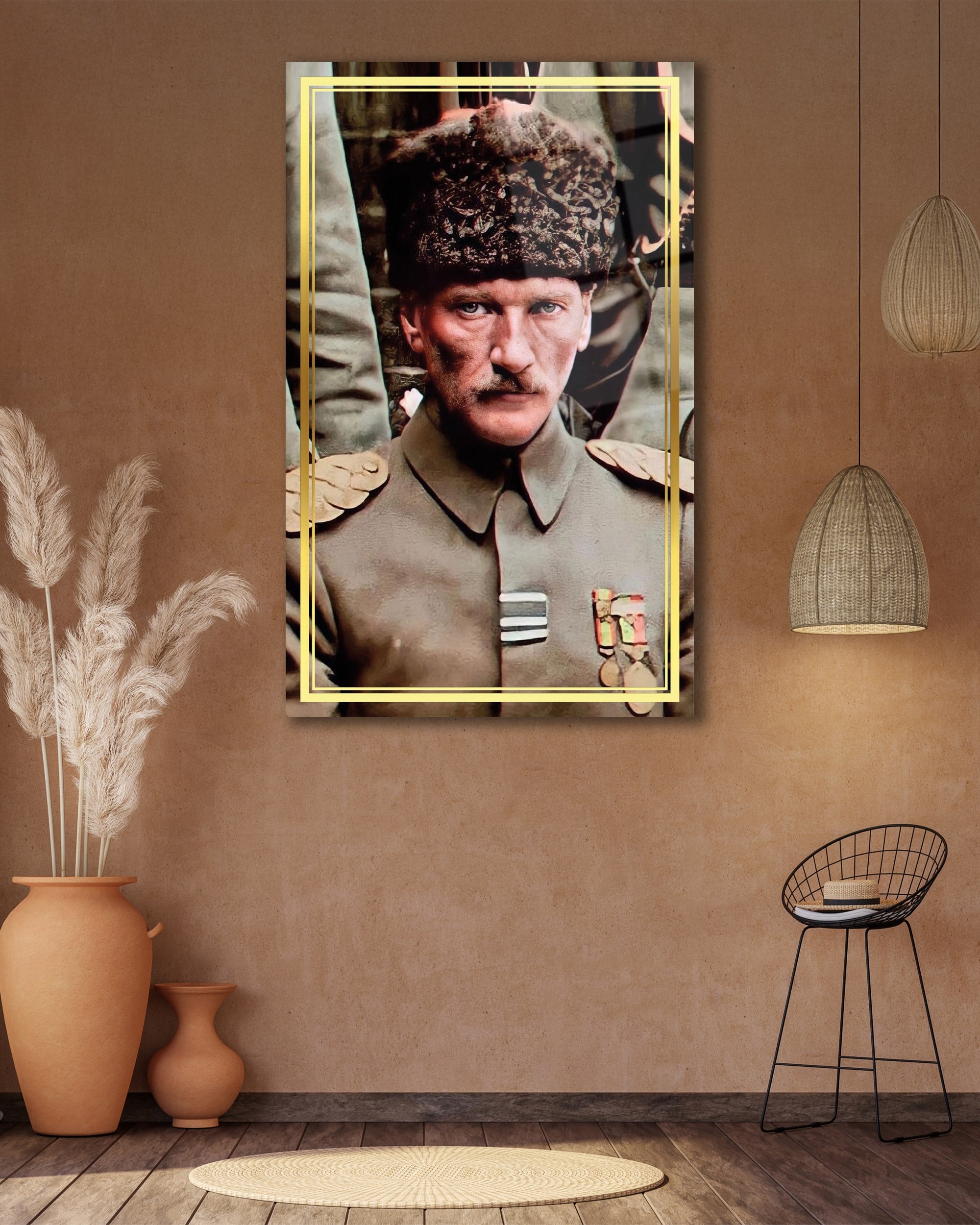 Atatürk Portre Dikey Cam Tablo Hediyelik Büyük Tablo Ev Ofis Dekoru
