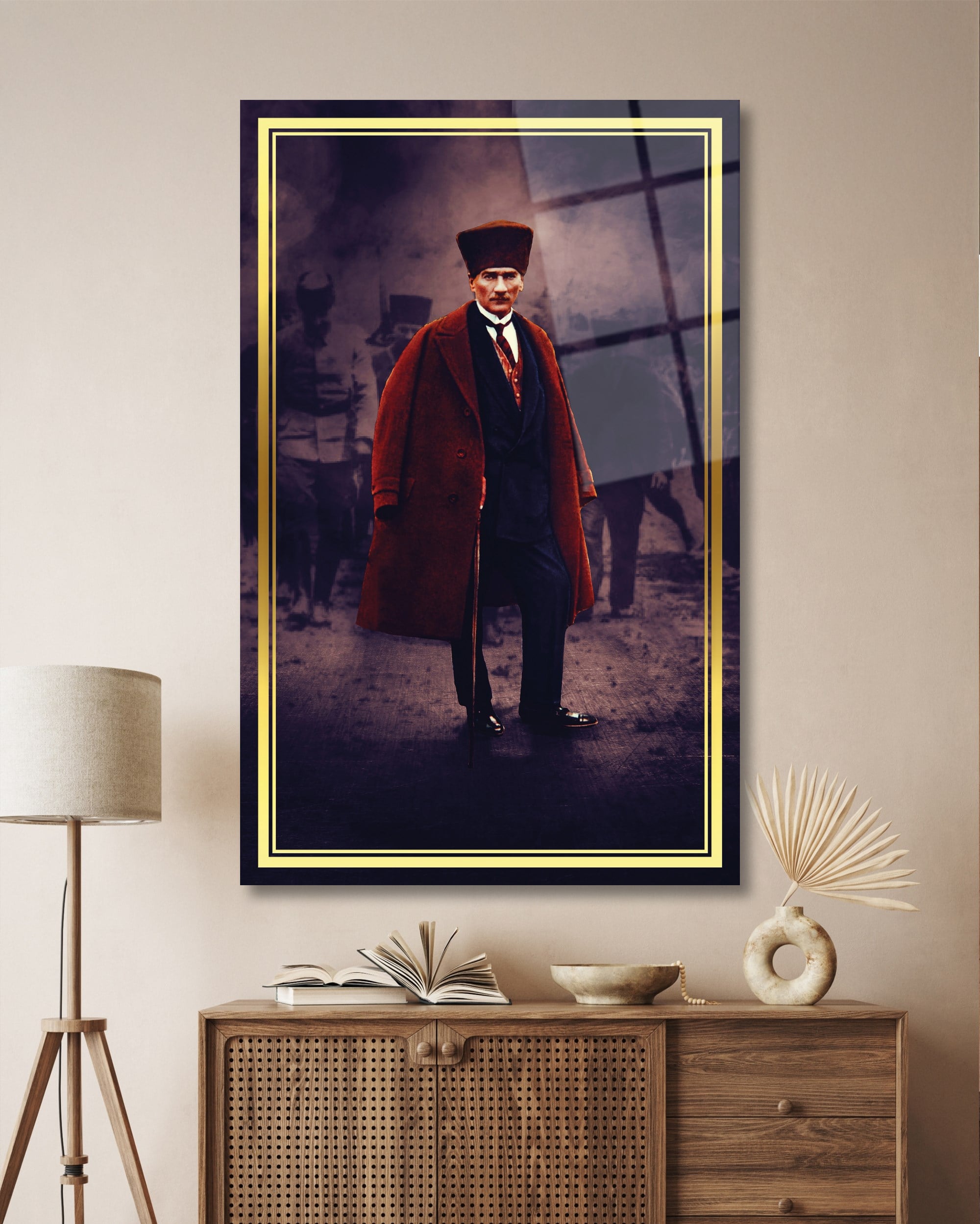 Atatürk Portre Dikey Cam Tablo Hediyelik Büyük Tablo Ev Ofis Dekoru