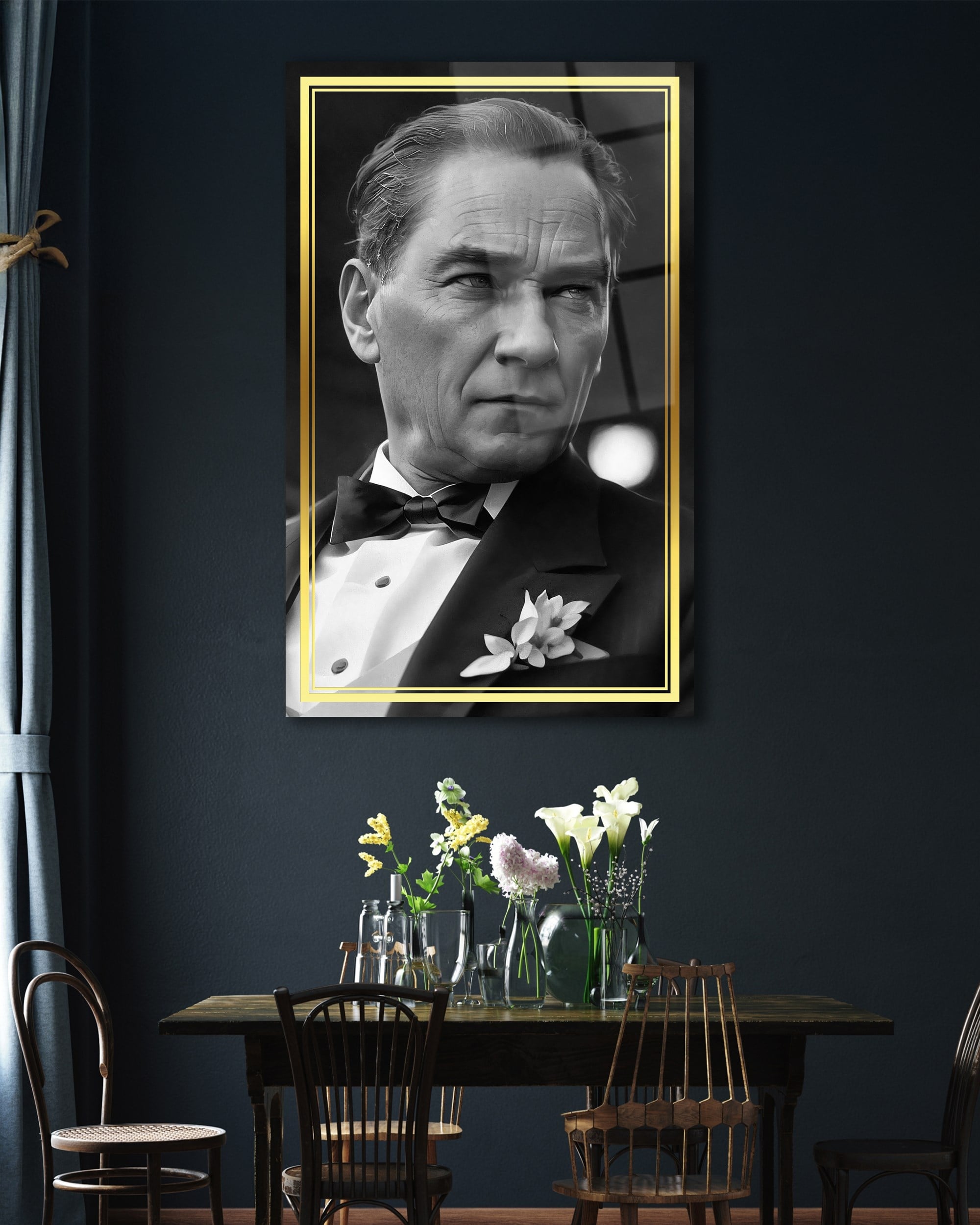 Atatürk Portre Dikey Cam Tablo Hediyelik Büyük Tablo Ev Ofis Dekoru