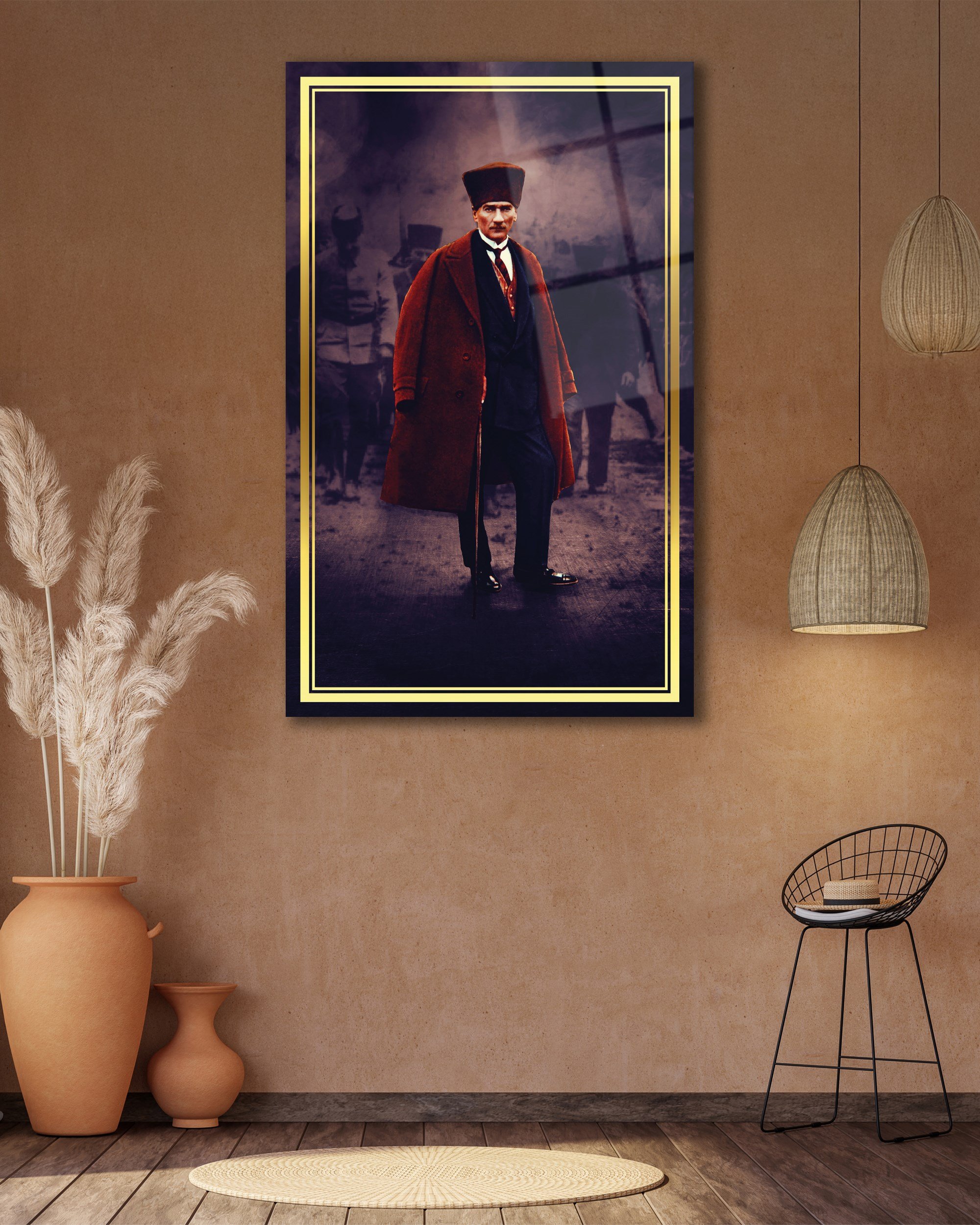 Atatürk Portre Dikey Cam Tablo Hediyelik Büyük Tablo Ev Ofis Dekoru