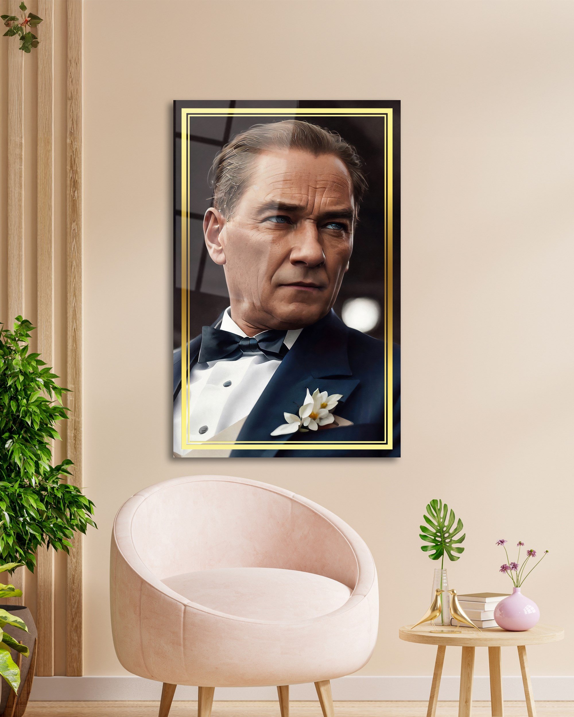 Atatürk Portre Dikey Cam Tablo Hediyelik Büyük Tablo Ev Ofis Dekoru