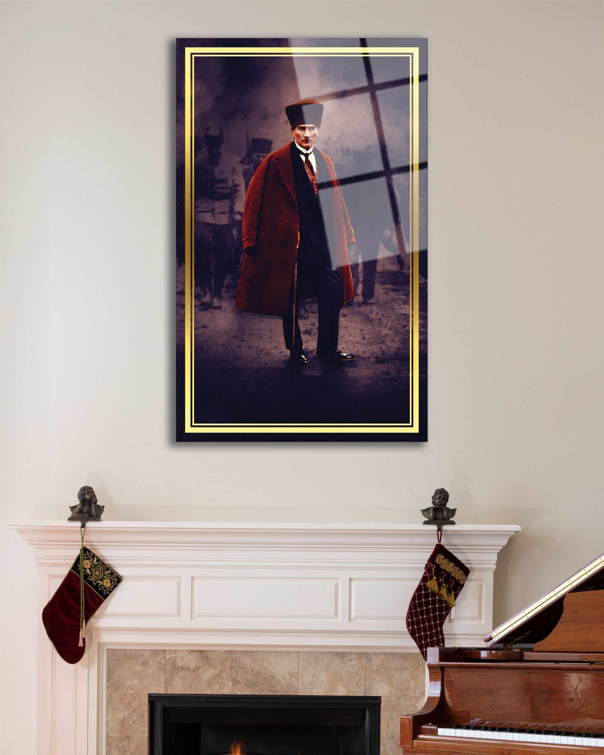 Atatürk Portre Dikey Cam Tablo Hediyelik Büyük Tablo Ev Ofis Dekoru