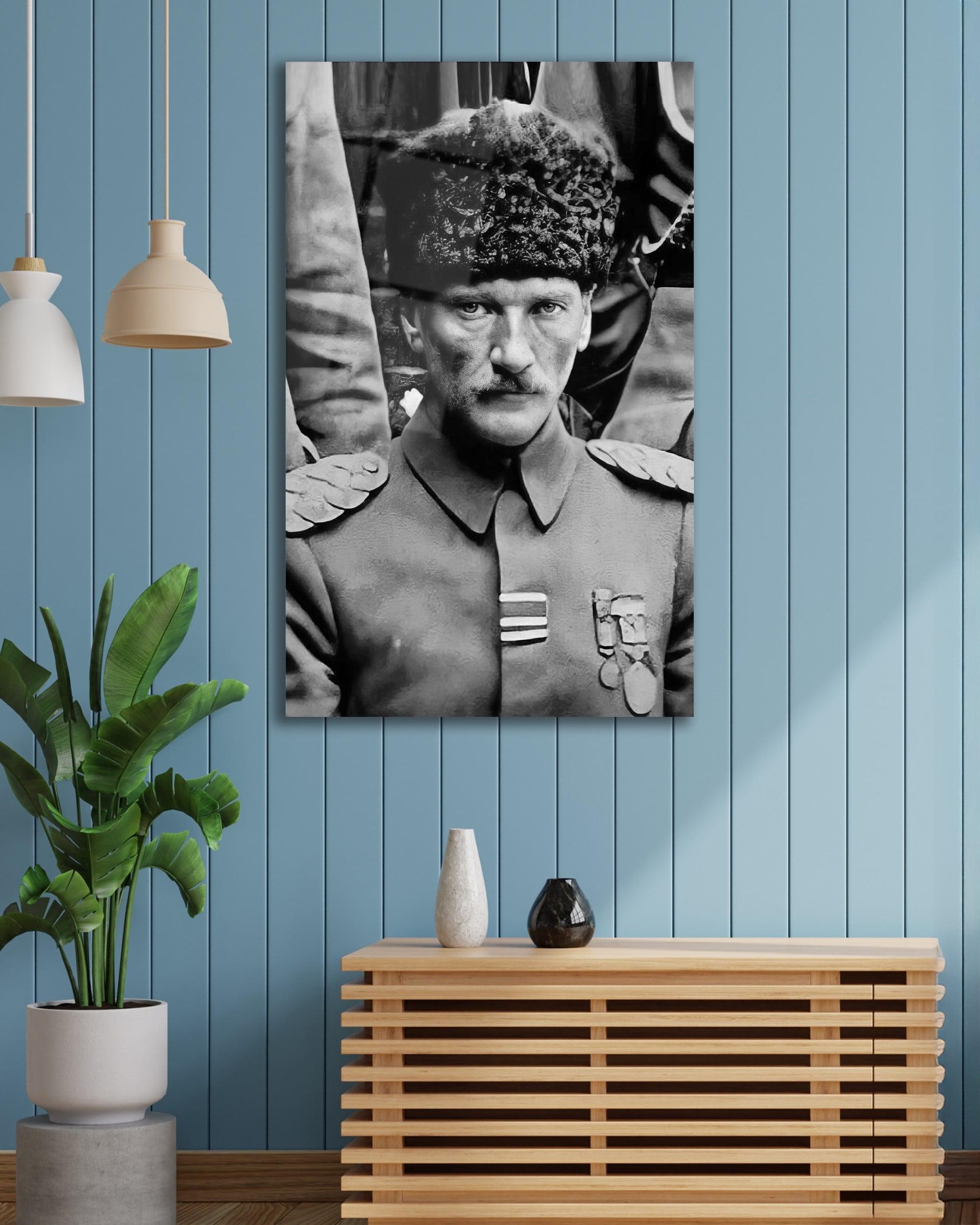 Atatürk Portre Dikey Siyah Beyaz Cam Tablo Hediyelik Büyük Tablo Ev Ofis Dekoru