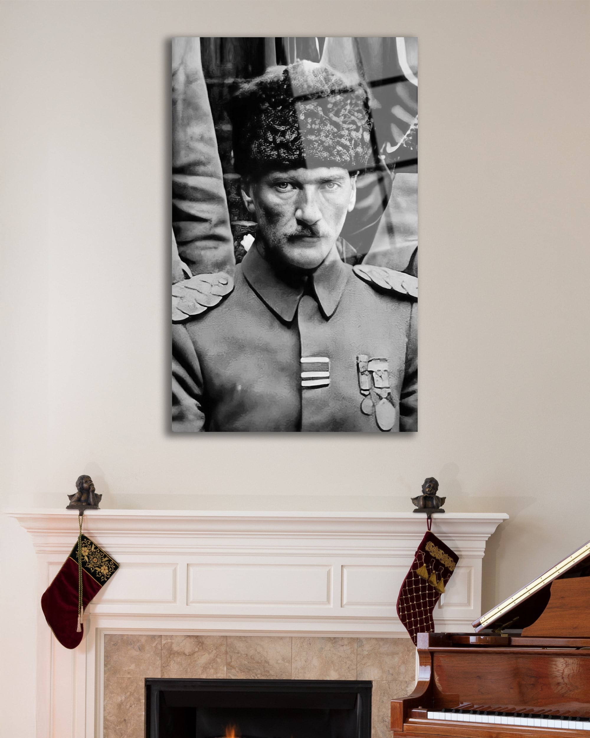 Atatürk Portre Dikey Siyah Beyaz Cam Tablo Hediyelik Büyük Tablo Ev Ofis Dekoru
