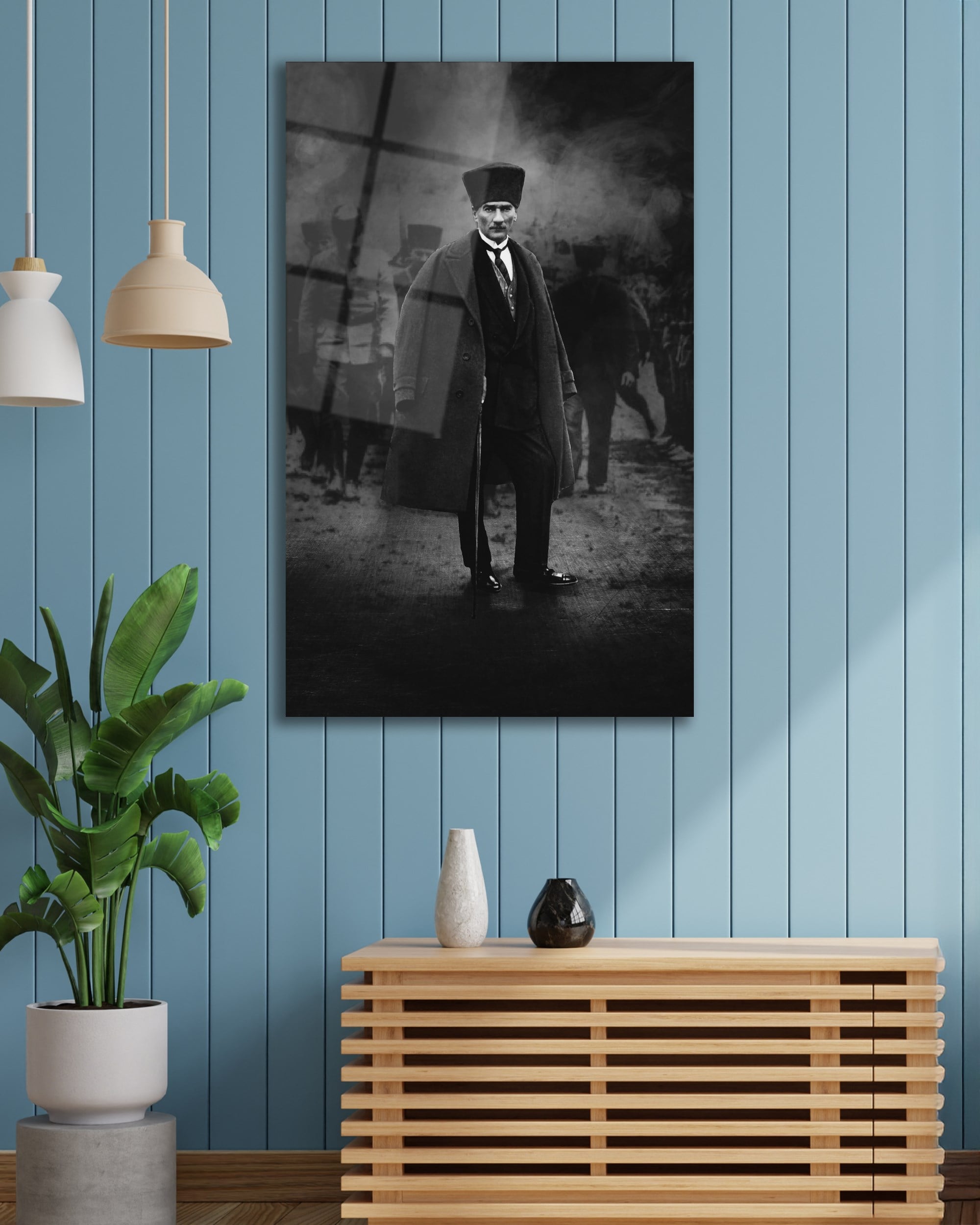 Atatürk Portre Dikey Siyah Beyaz Cam Tablo Hediyelik Büyük Tablo Ev Ofis Dekoru