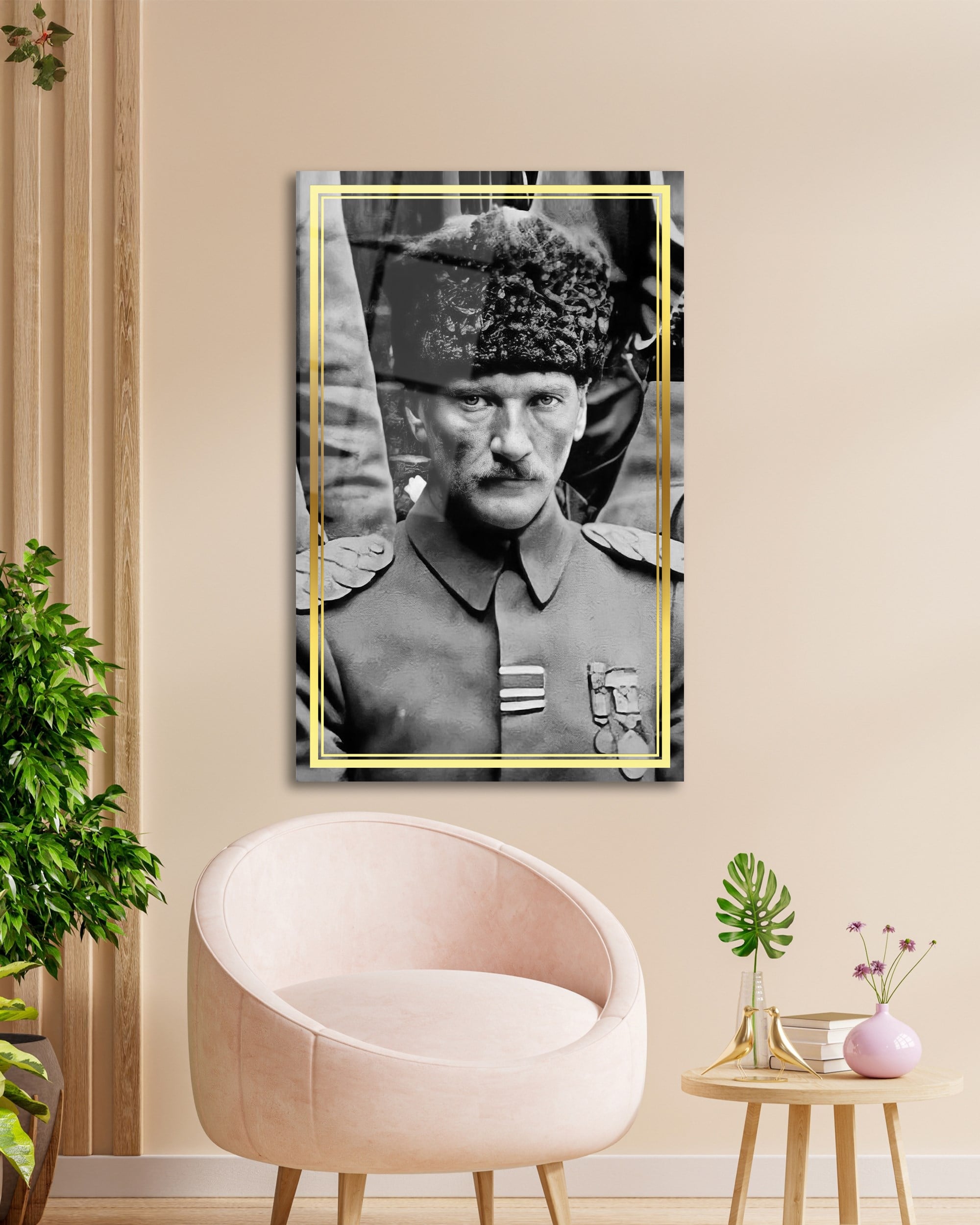 Atatürk Portre Dikey Siyah Beyaz Cam Tablo Hediyelik Büyük Tablo Ev Ofis Dekoru