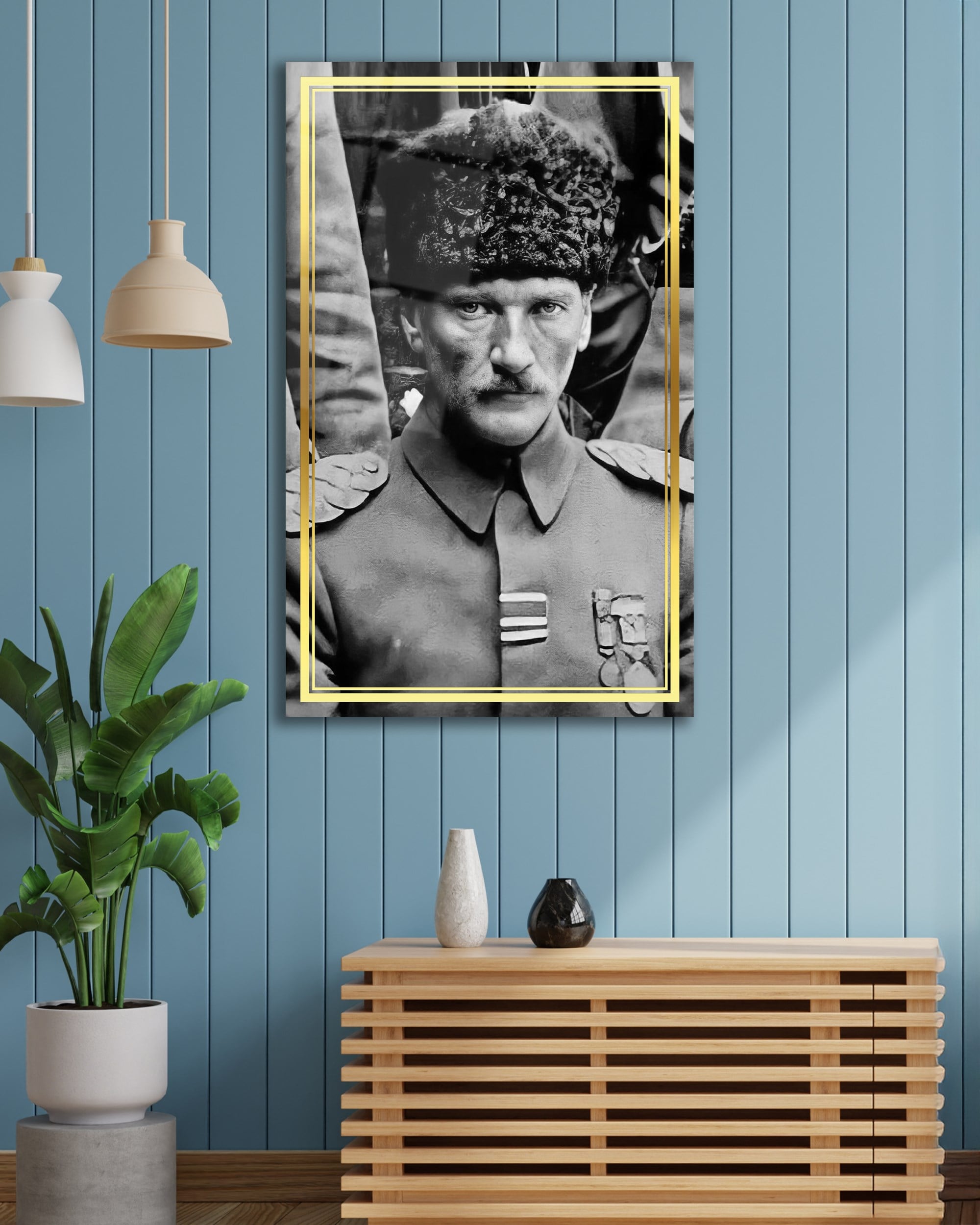 Atatürk Portre Dikey Siyah Beyaz Cam Tablo Hediyelik Büyük Tablo Ev Ofis Dekoru