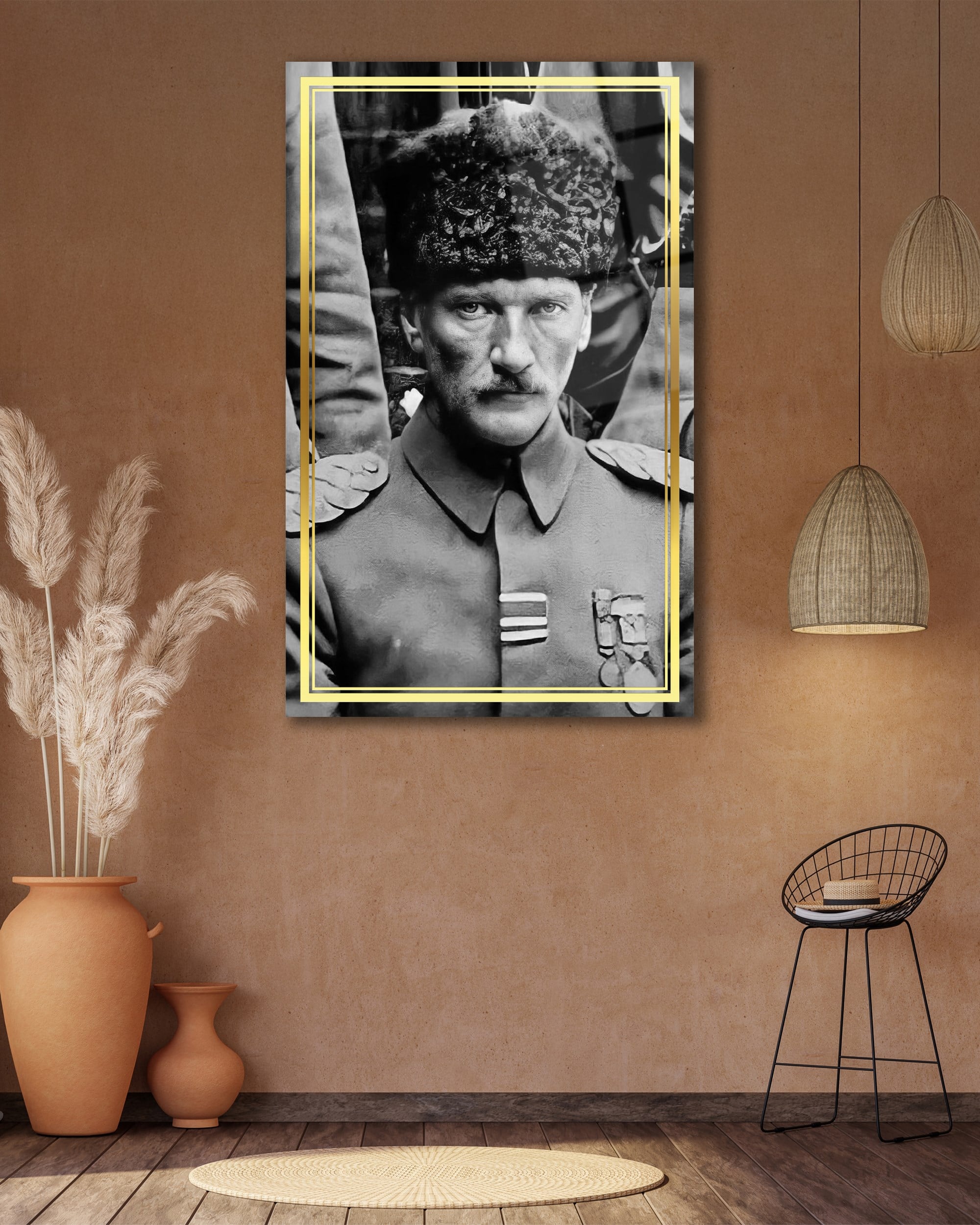 Atatürk Portre Dikey Siyah Beyaz Cam Tablo Hediyelik Büyük Tablo Ev Ofis Dekoru