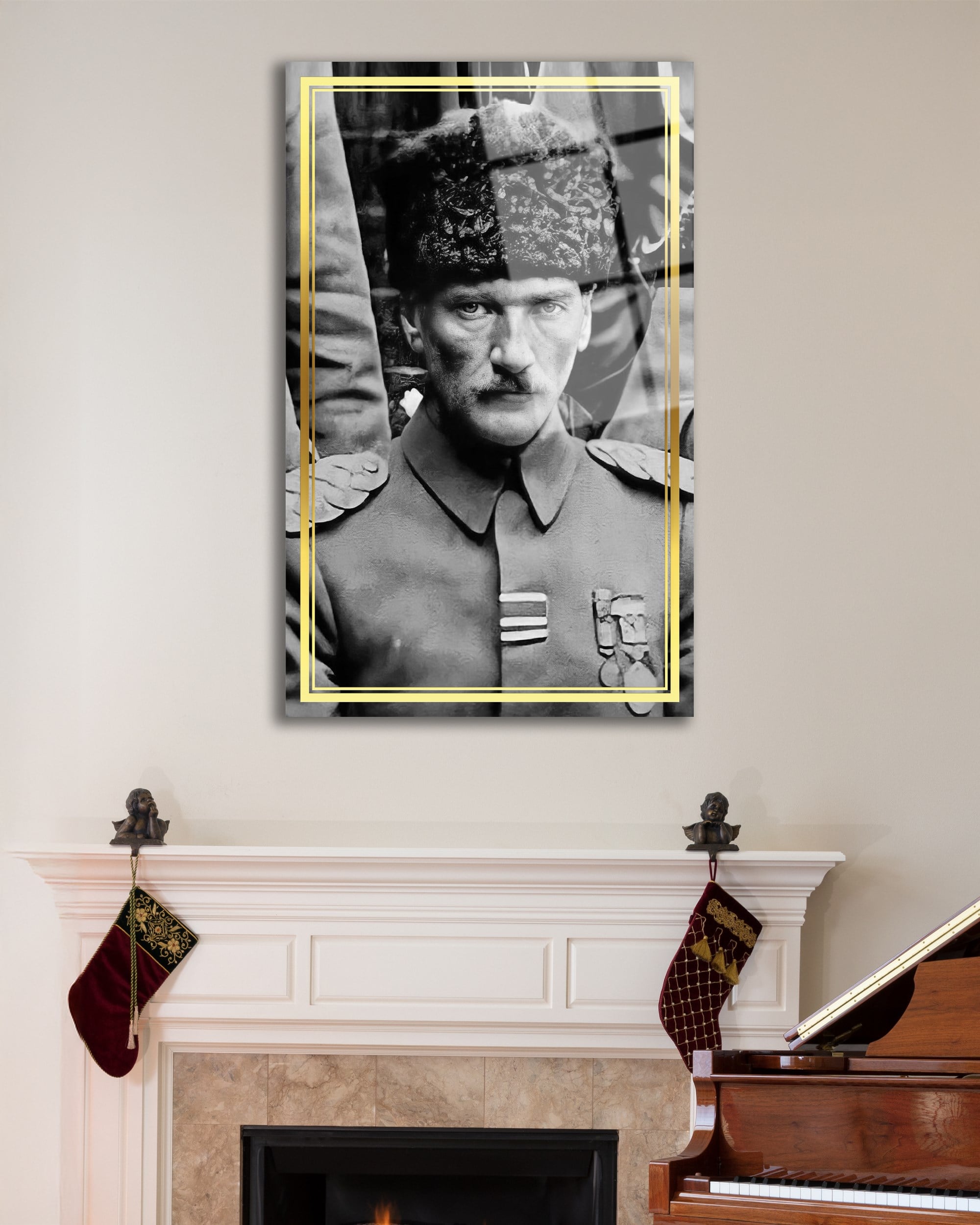 Atatürk Portre Dikey Siyah Beyaz Cam Tablo Hediyelik Büyük Tablo Ev Ofis Dekoru