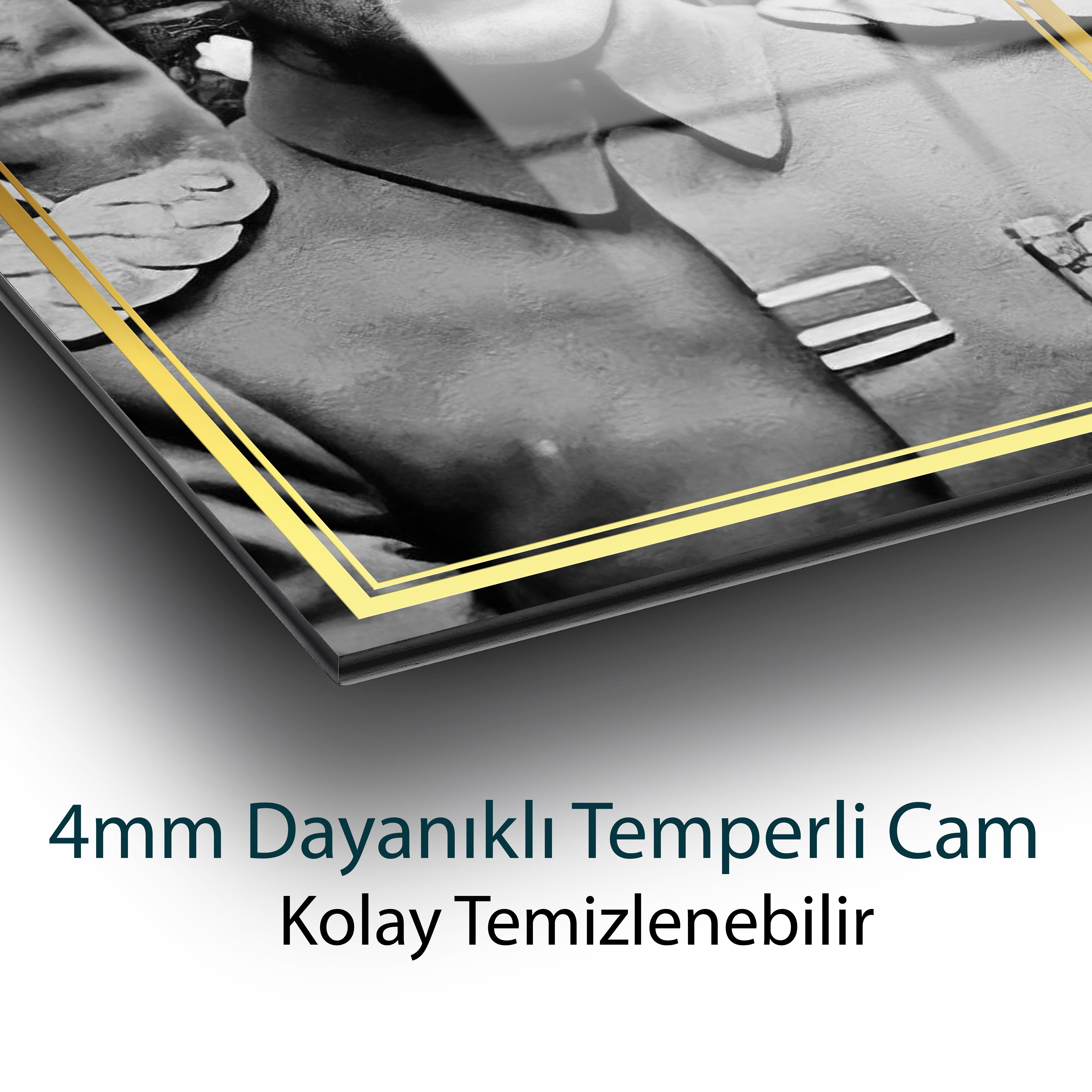 Atatürk Portre Dikey Siyah Beyaz Cam Tablo Hediyelik Büyük Tablo Ev Ofis Dekoru