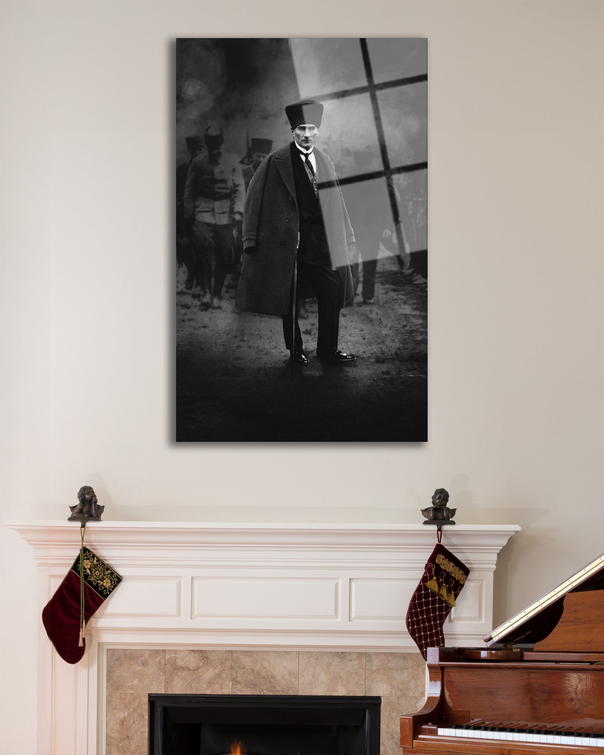 Atatürk Portre Dikey Siyah Beyaz Cam Tablo Hediyelik Büyük Tablo Ev Ofis Dekoru