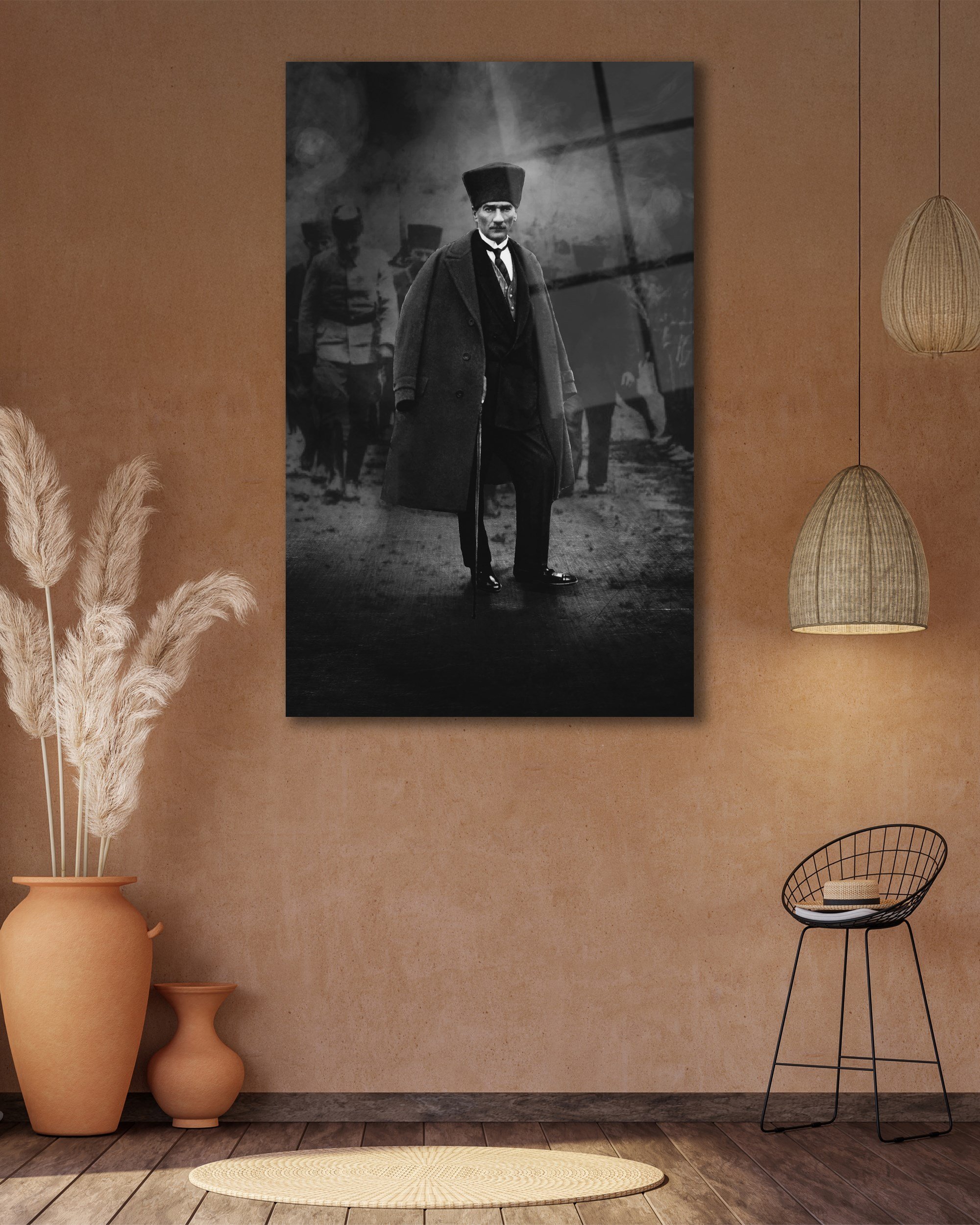 Atatürk Portre Dikey Siyah Beyaz Cam Tablo Hediyelik Büyük Tablo Ev Ofis Dekoru