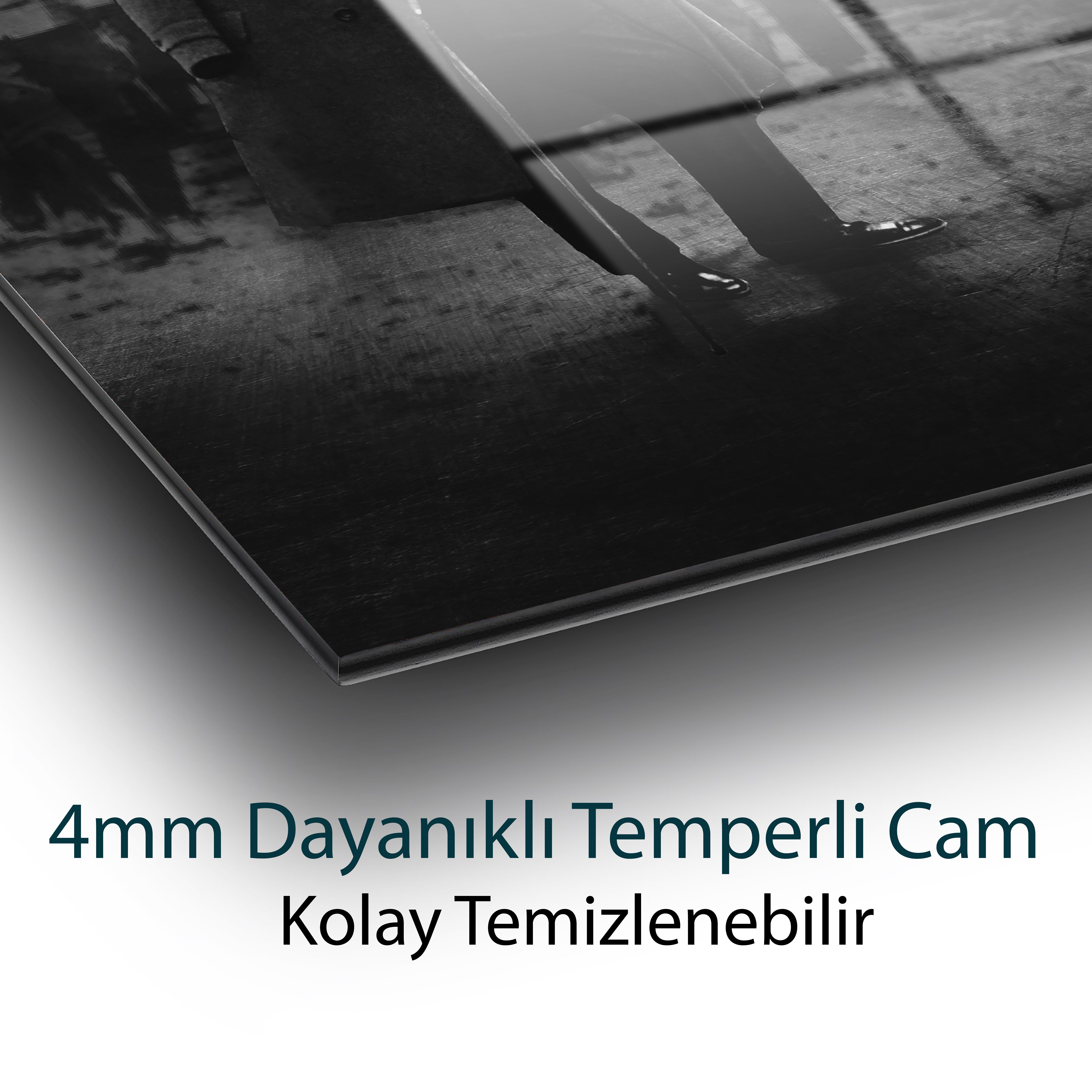Atatürk Portre Dikey Siyah Beyaz Cam Tablo Hediyelik Büyük Tablo Ev Ofis Dekoru