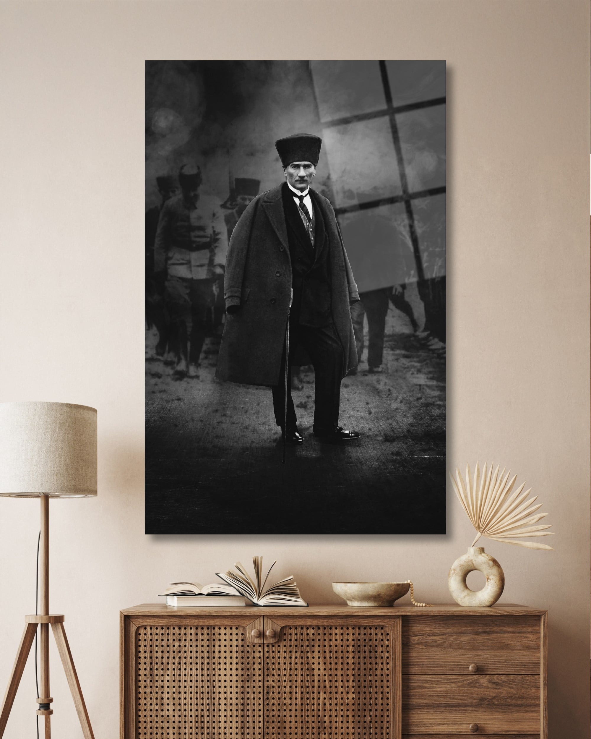 Atatürk Portre Dikey Siyah Beyaz Cam Tablo Hediyelik Büyük Tablo Ev Ofis Dekoru