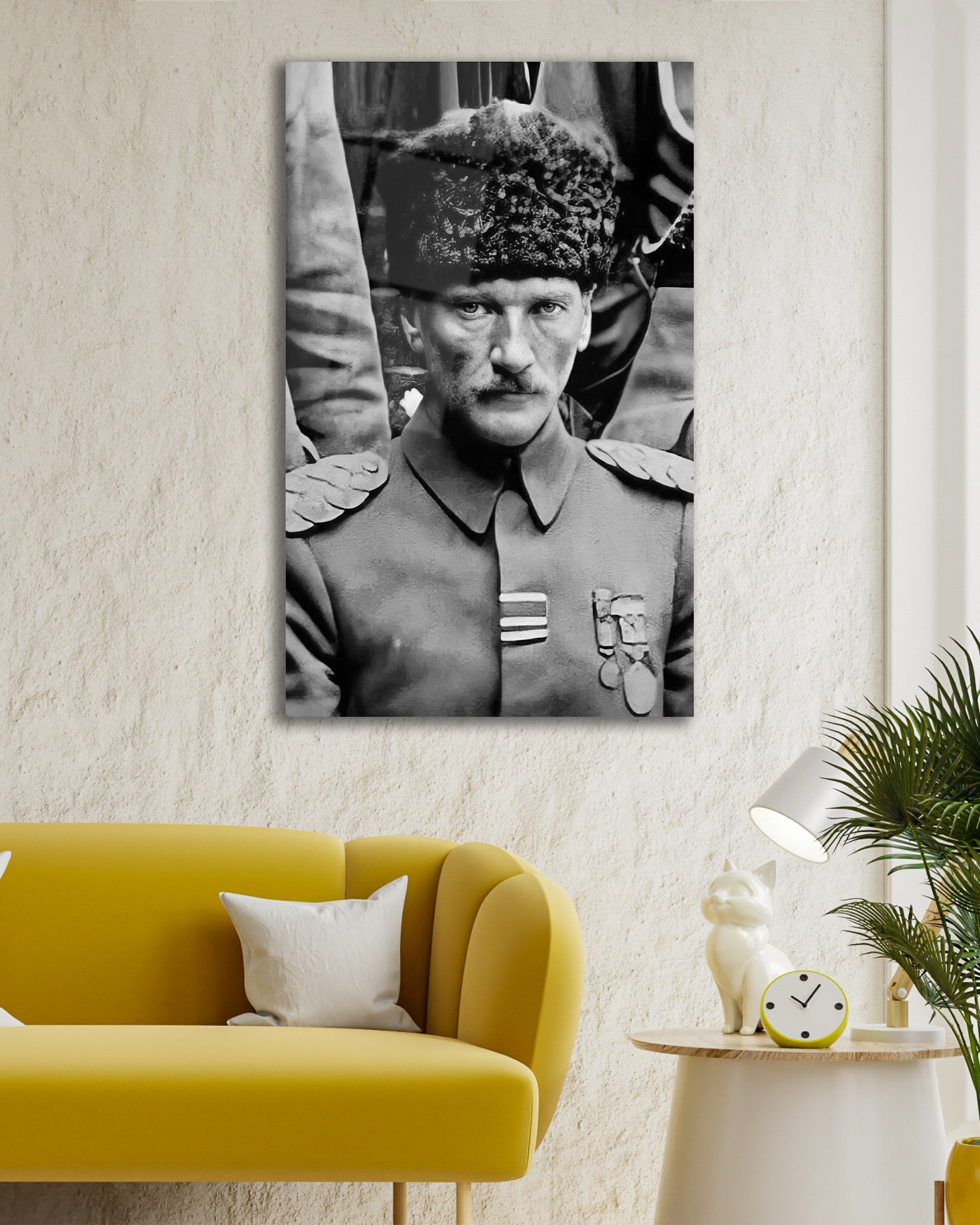 Atatürk Portre Dikey Siyah Beyaz Cam Tablo Hediyelik Büyük Tablo Ev Ofis Dekoru