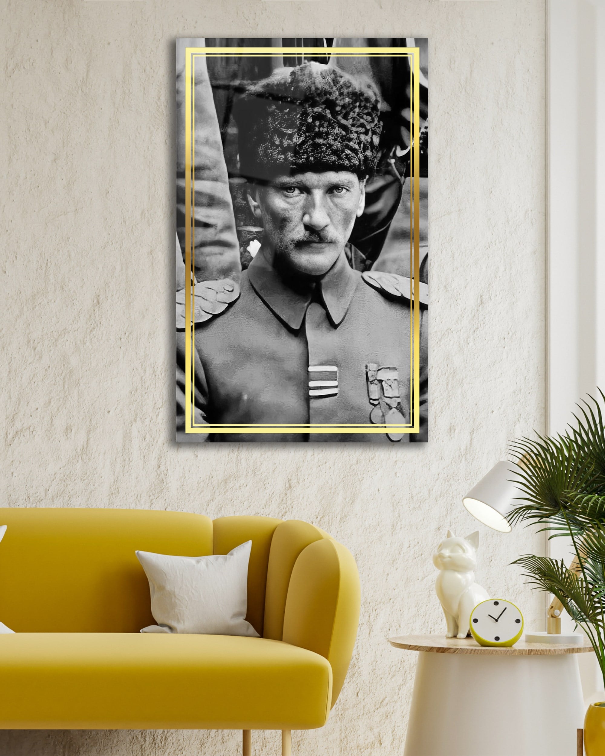 Atatürk Portre Dikey Siyah Beyaz Cam Tablo Hediyelik Büyük Tablo Ev Ofis Dekoru