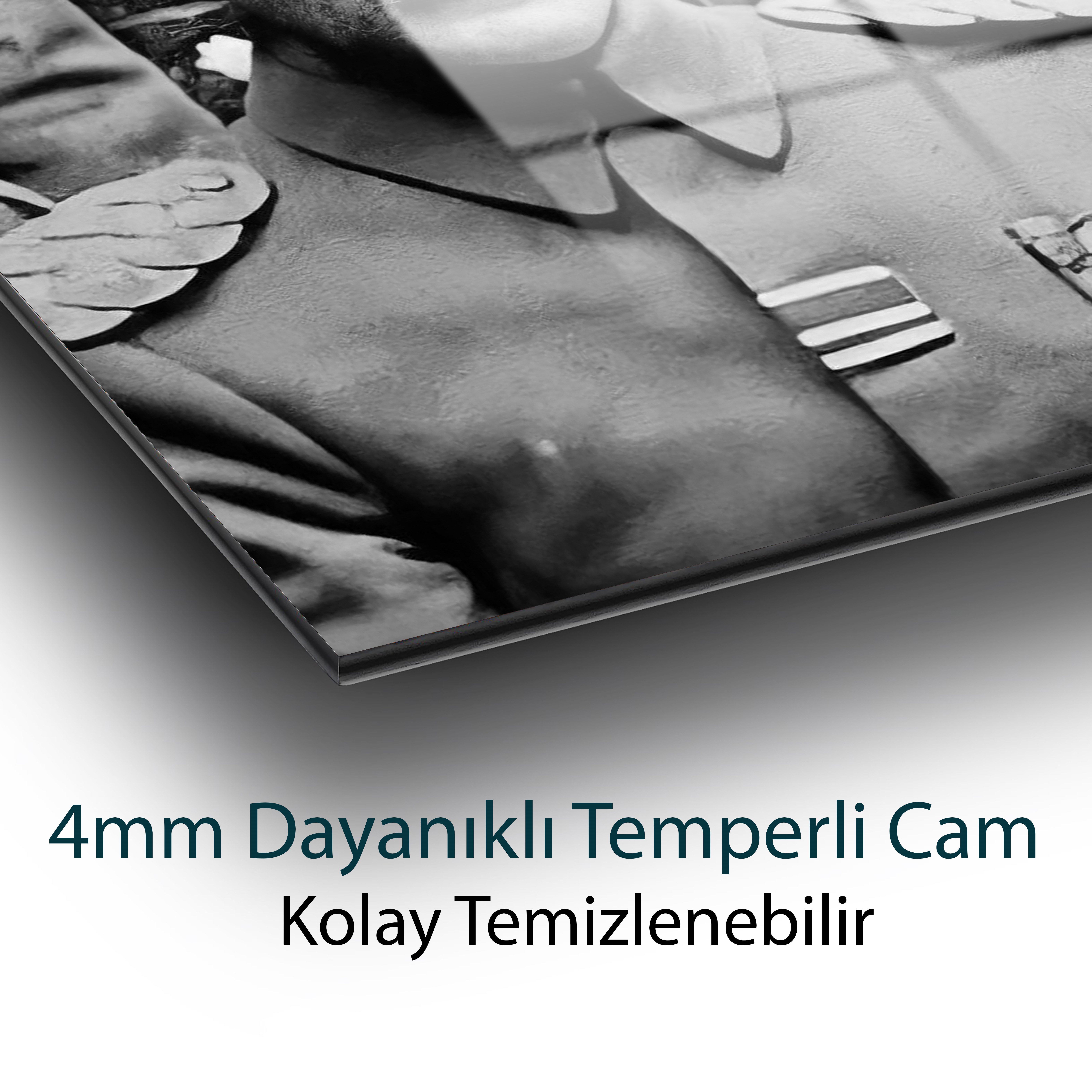 Atatürk Portre Dikey Siyah Beyaz Cam Tablo Hediyelik Büyük Tablo Ev Ofis Dekoru