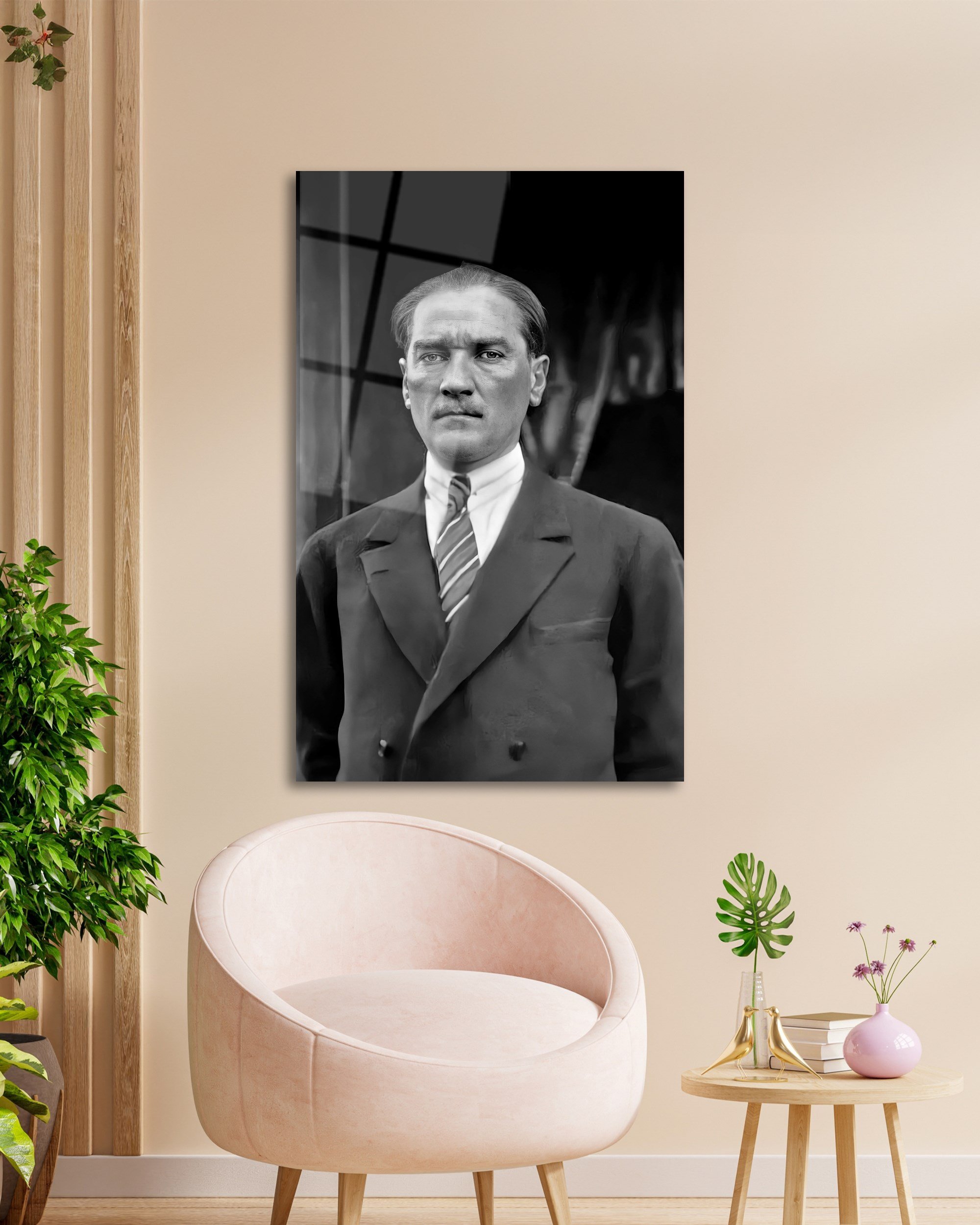 Atatürk Portre Siyah Beyaz Cam Tablo Hediyelik Büyük Tablo Ev Ofis Dekoru