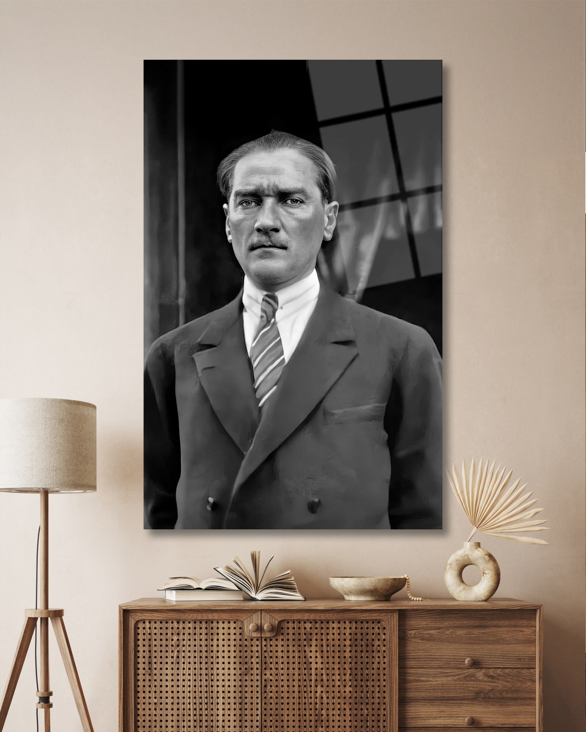 Atatürk Portre Siyah Beyaz Cam Tablo Hediyelik Büyük Tablo Ev Ofis Dekoru